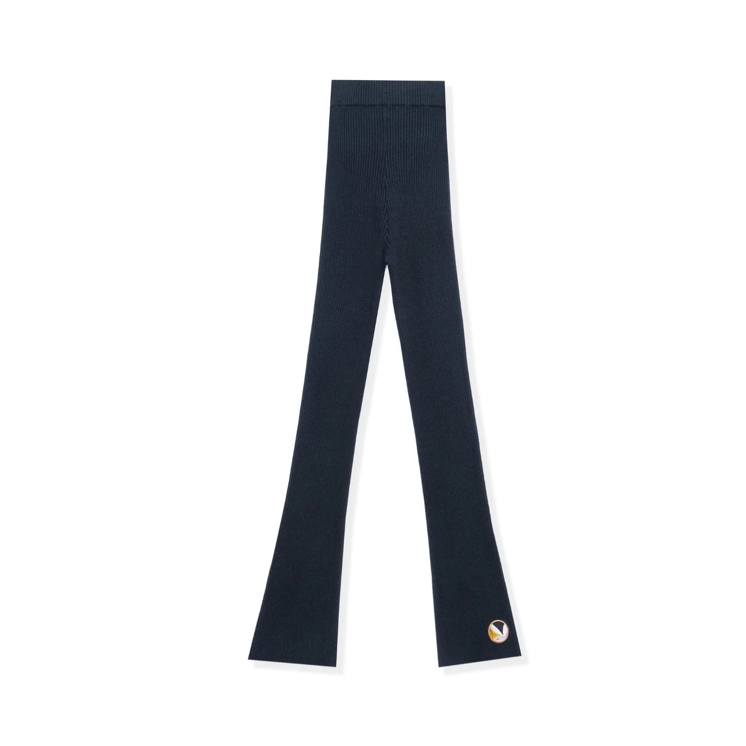 Black women's flared ribbed leggings with small logo patch near ankle, laid flat on white background