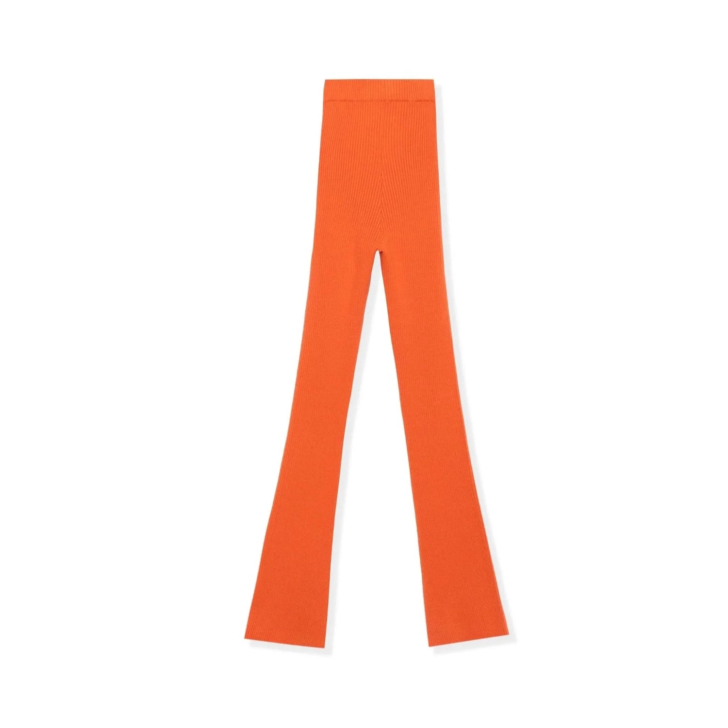 Women's orange flared ribbed leggings, full length, laid flat on white background