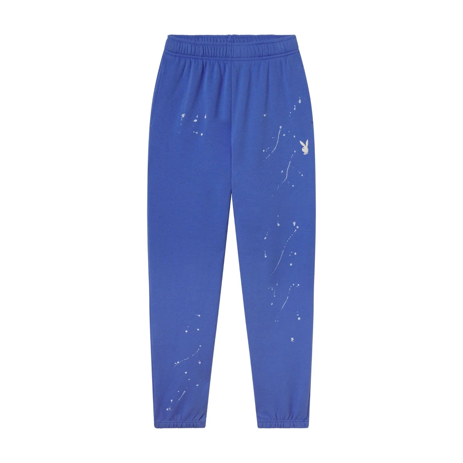 Blue women's sweatpants with white paint splatter and small bunny logo on front