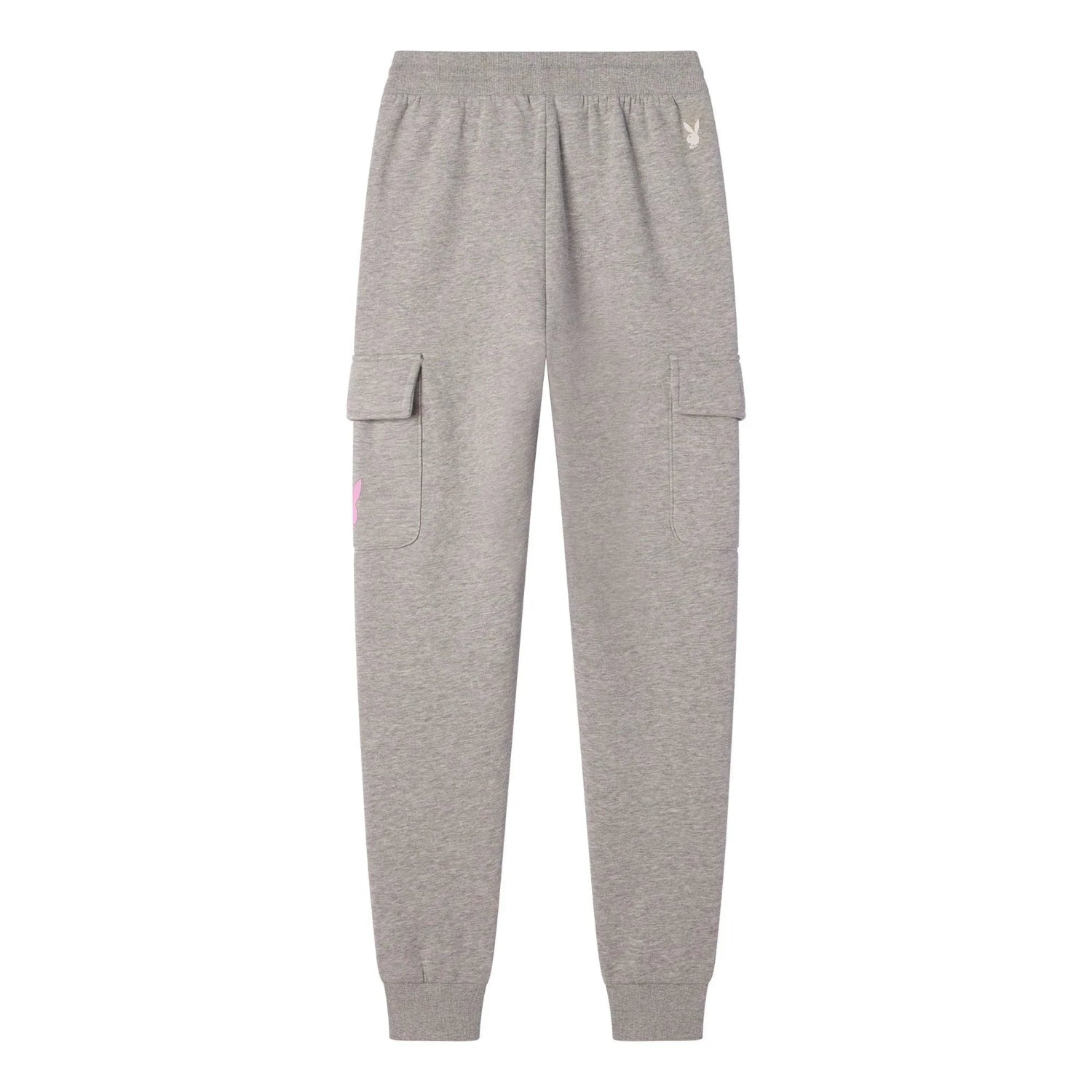 Gray women's jogger sweatpants with cargo pockets and small bunny logo on waistband