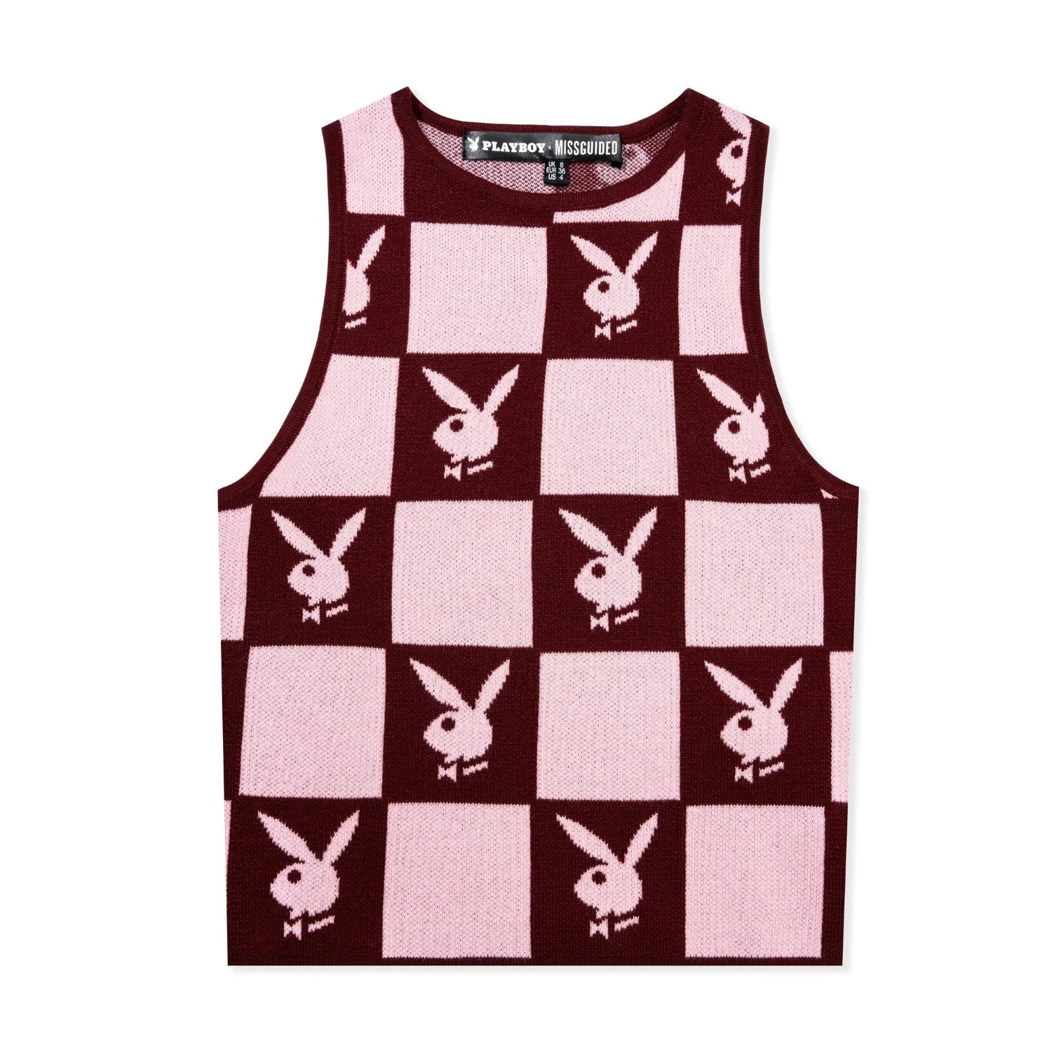 Women's pink and burgundy knit checkerboard vest with rabbit head motif, sleeveless