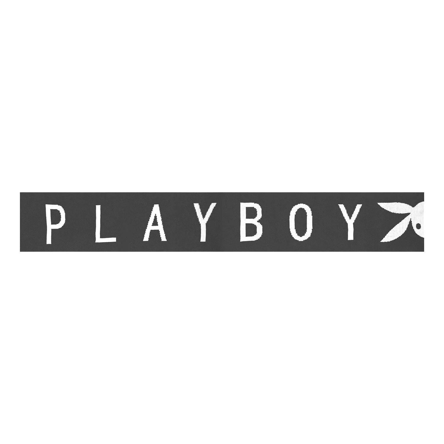 Black knit scarf with bold white PLAYBOY text and bunny logo, women's fashion accessory