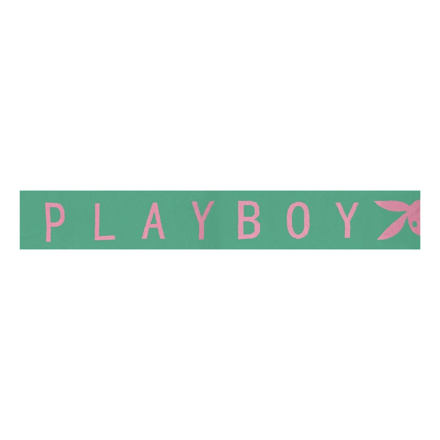 Green knit scarf for women with pink PLAYBOY logo and bunny graphic design.