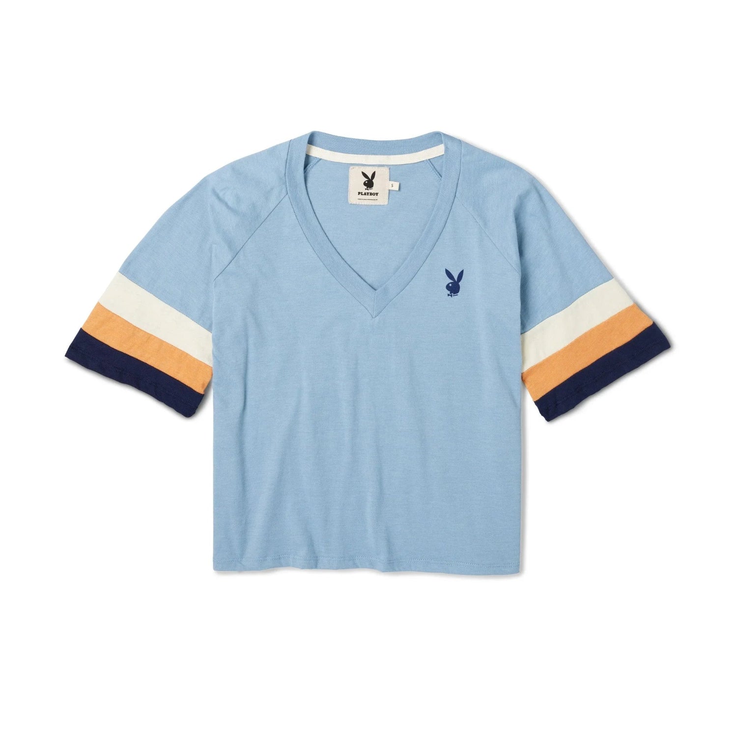 Light blue women's V-neck t-shirt with striped short sleeves and bunny logo on chest