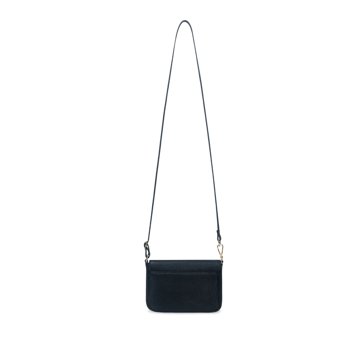 Women's black leather crossbody bag with long adjustable strap on white background