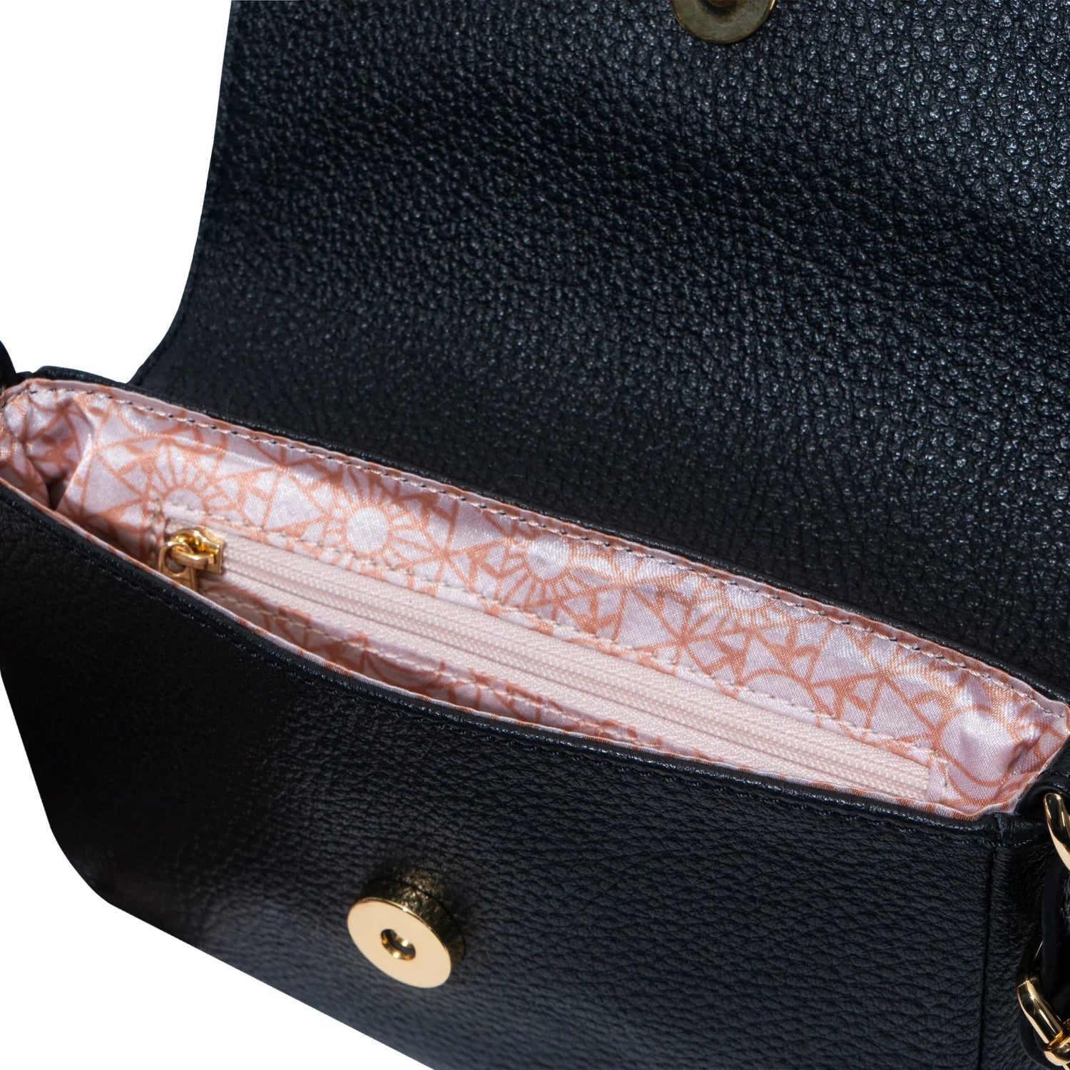 Open black leather crossbody bag with patterned pink lining and interior zipper pocket