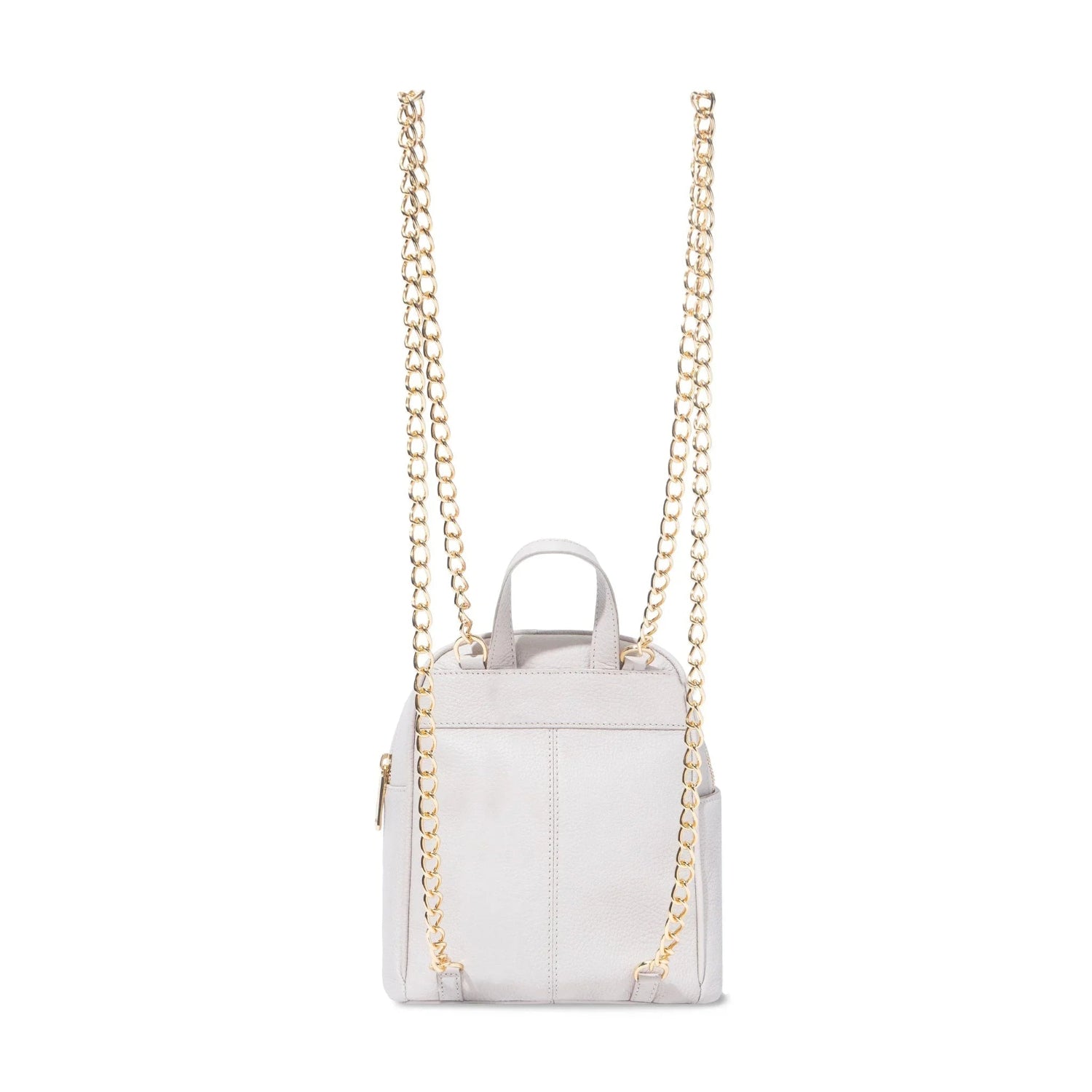 White leather mini backpack with gold chain straps, women's fashion accessory