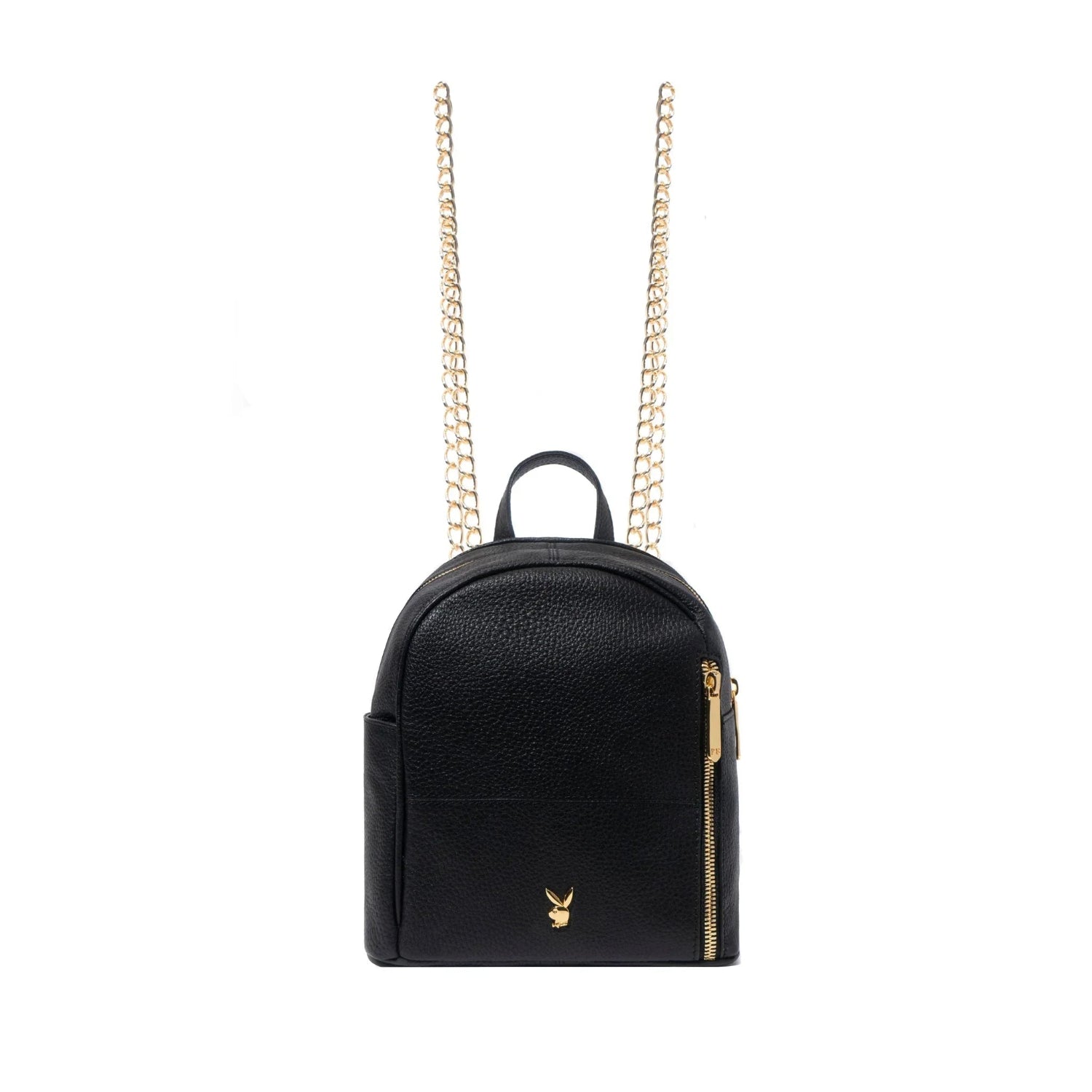 Black leather mini backpack with gold chain straps and a small gold bunny emblem