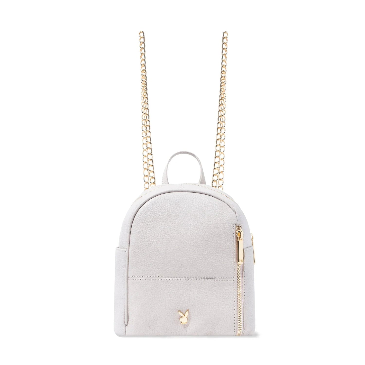 White leather mini backpack for women with gold zippers, chain straps, and bunny emblem