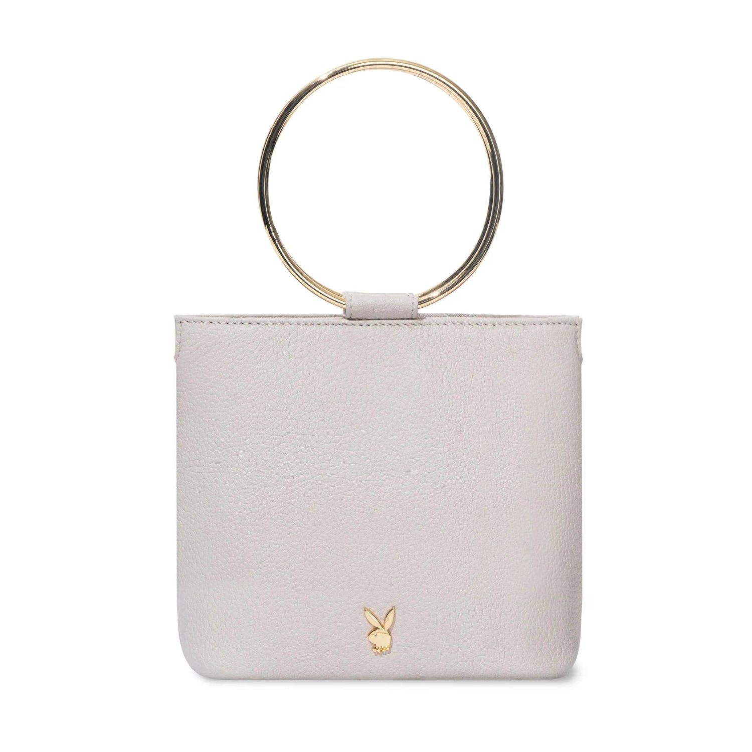 Women's white leather clutch with gold ring handle and gold bunny logo