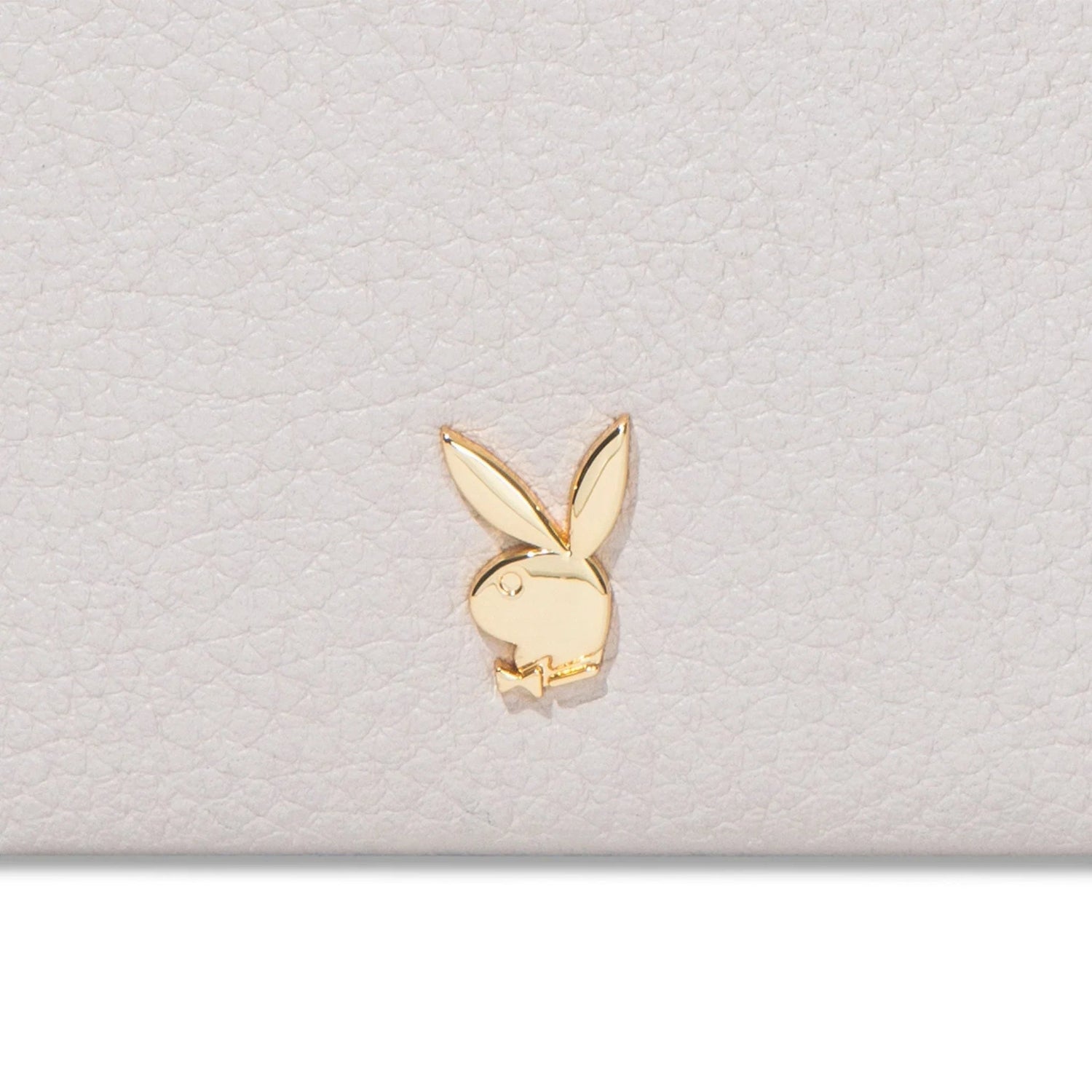 Gold bunny logo on textured white leather clutch