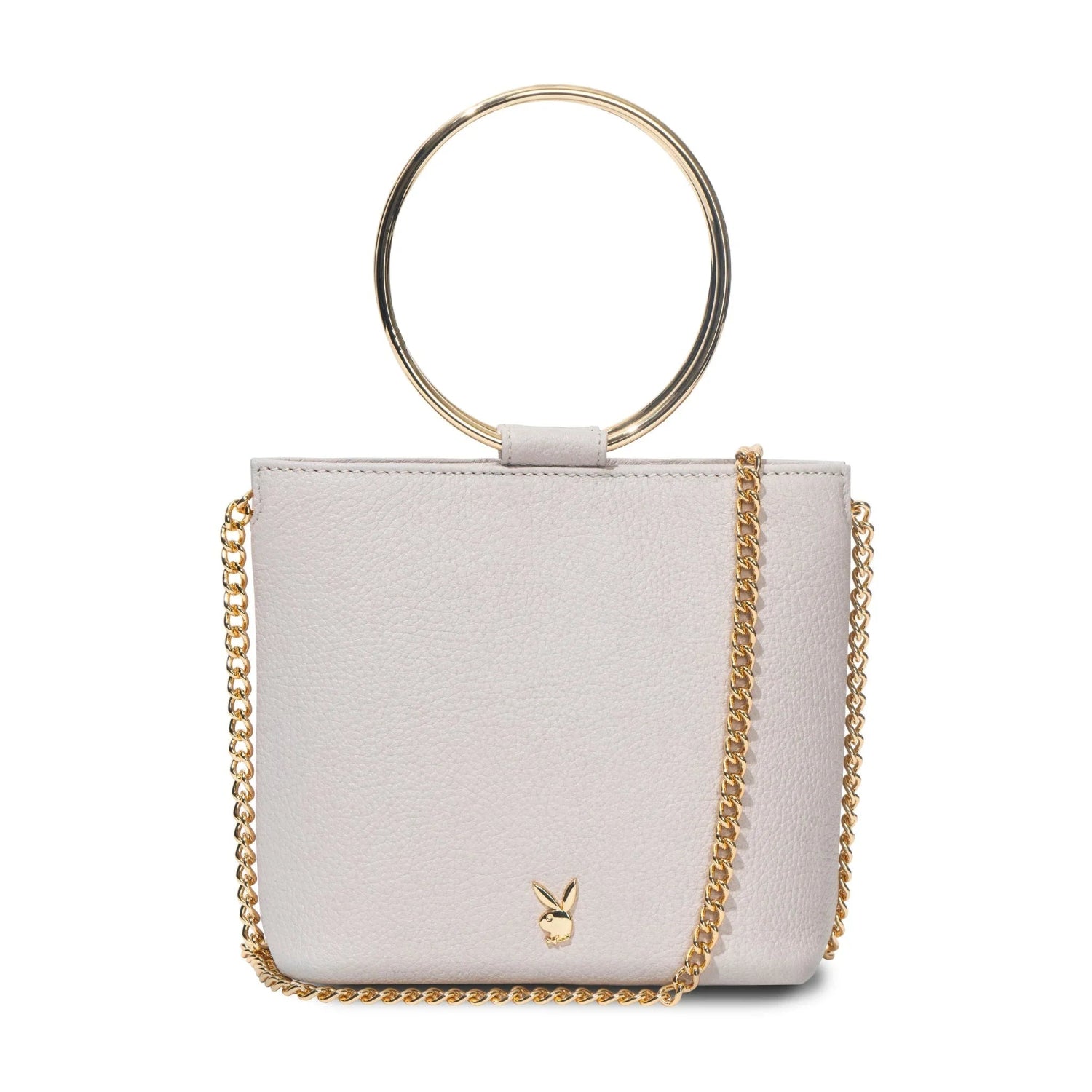White leather ring clutch with gold chain strap and metallic bunny logo, women's accessory