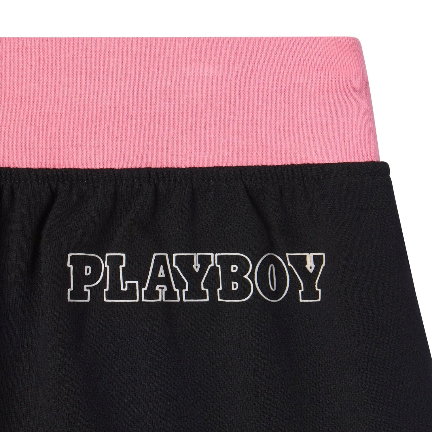 Black women's shorts with pink waistband and white PLAYBOY logo on the back.