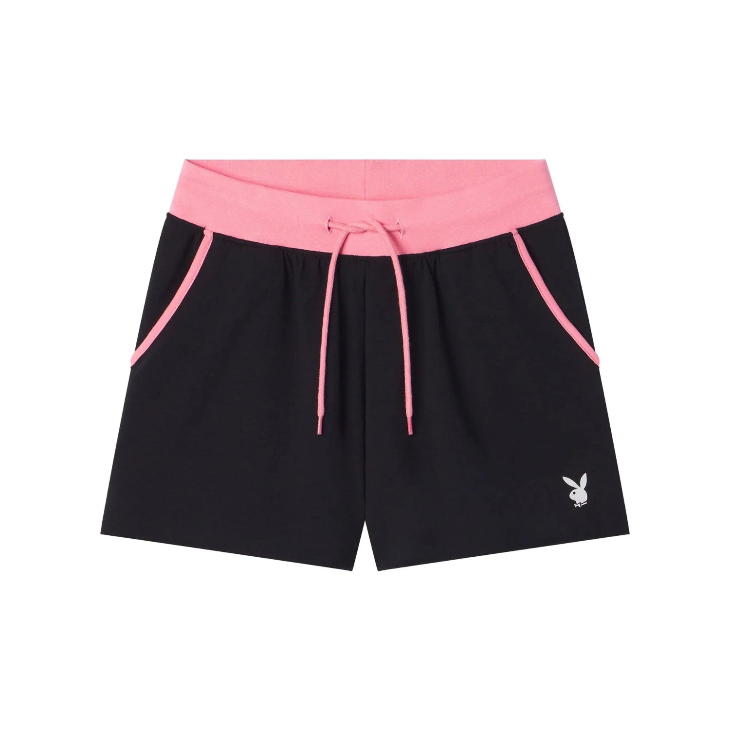Women's black shorts with pink waistband, drawstring, and logo on left leg