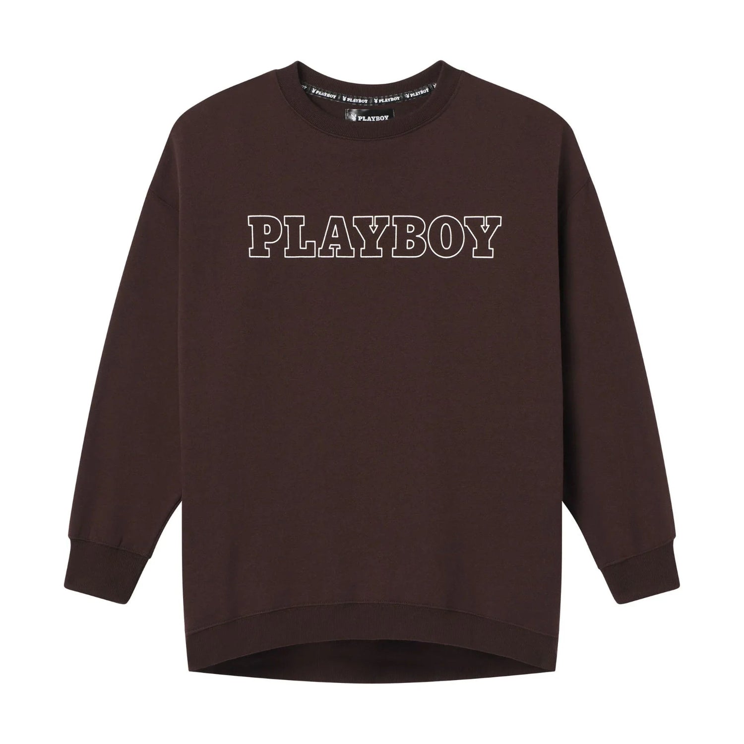 Brown crewneck sweatshirt with bold PLAYBOY logo on front, women's casual clothing