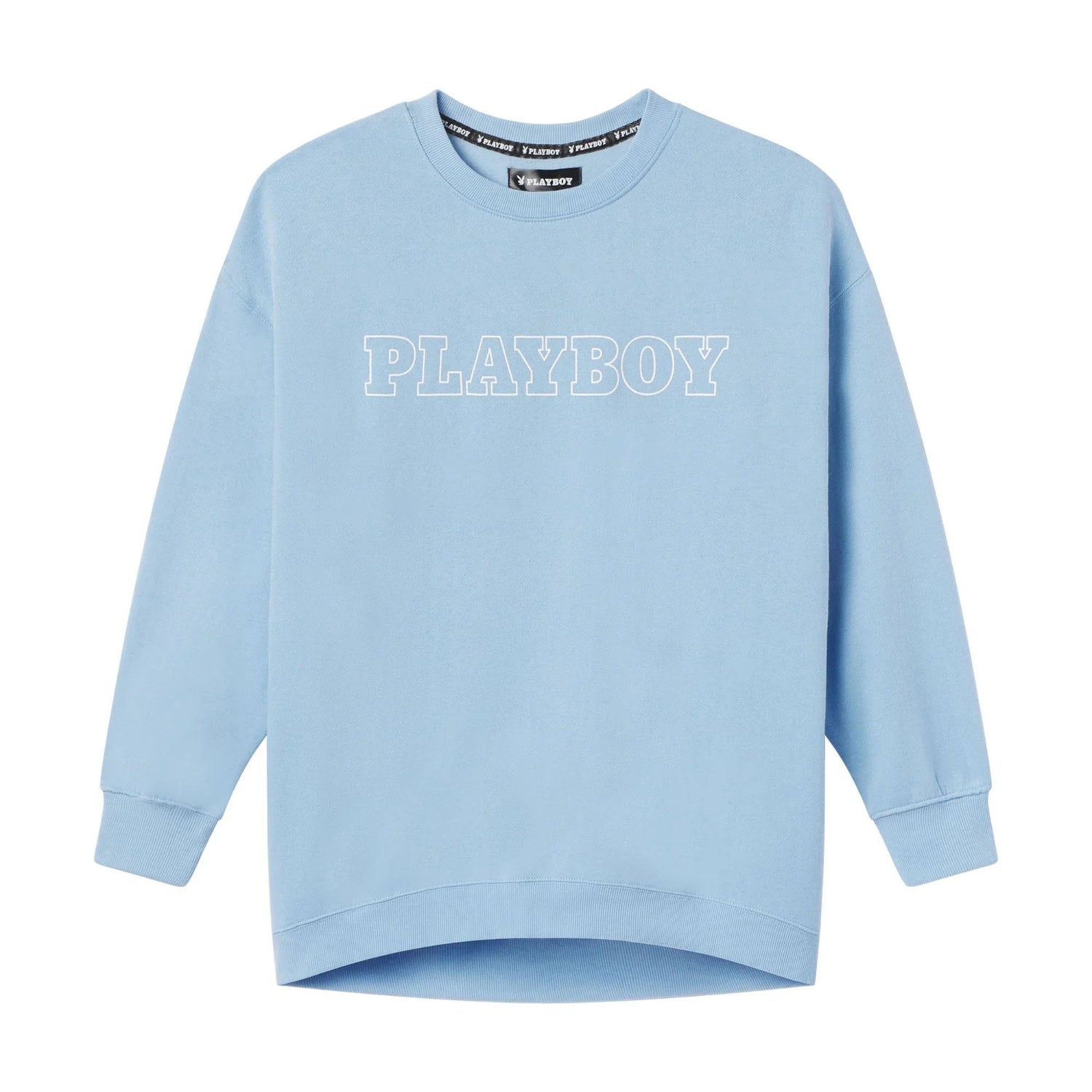 Light blue crewneck sweatshirt with bold PLAYBOY logo on front, women's casual pullover