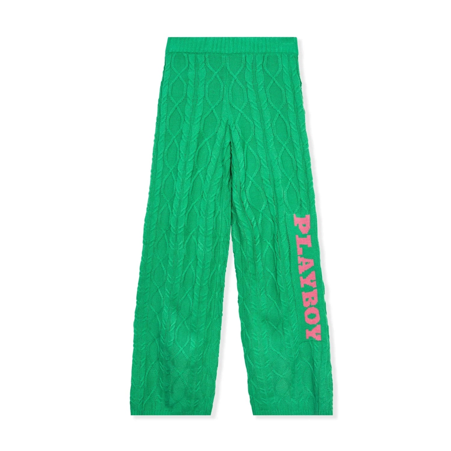 Green women's knit pants with cable pattern and pink PLAYBOY text on the leg