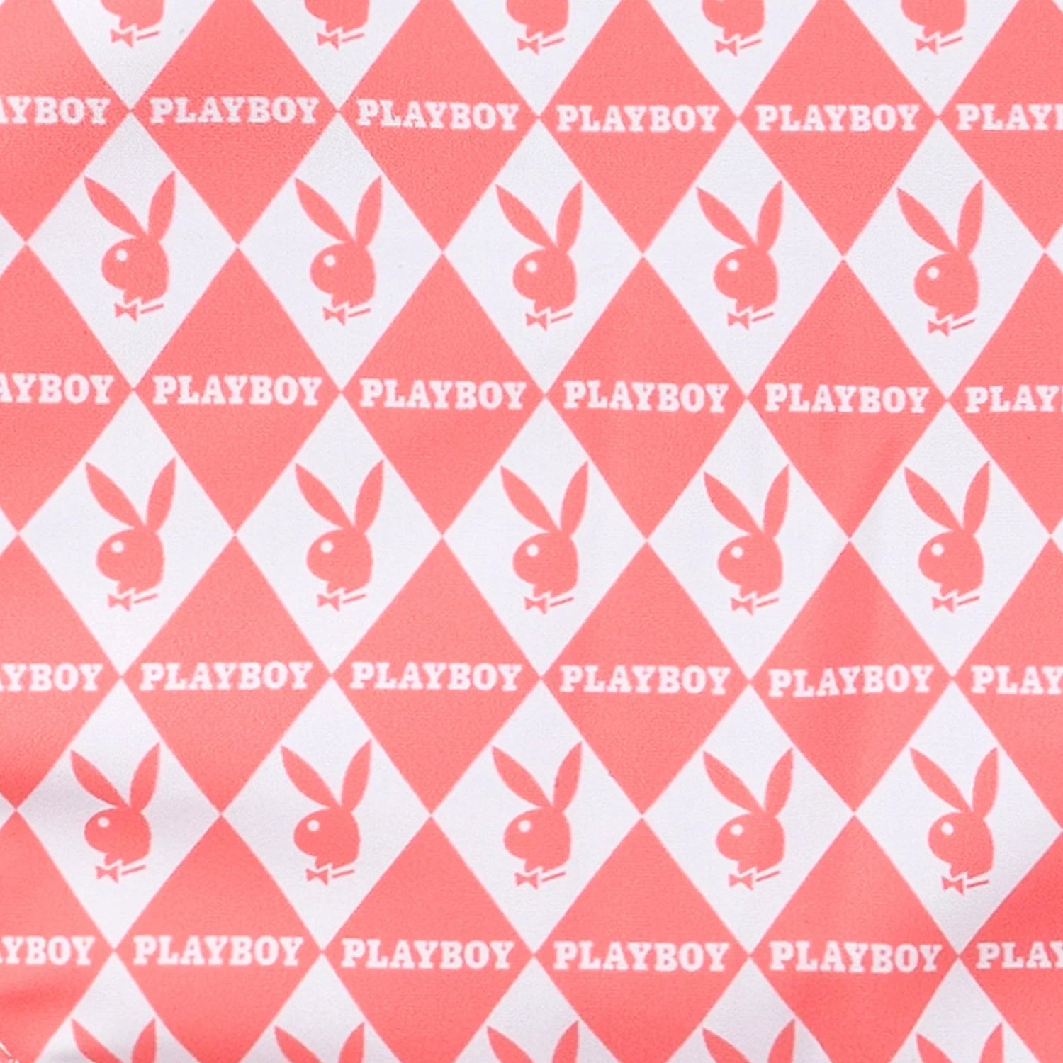 Pink and white monogram swimsuit fabric with diamond pattern and iconic bunny logo