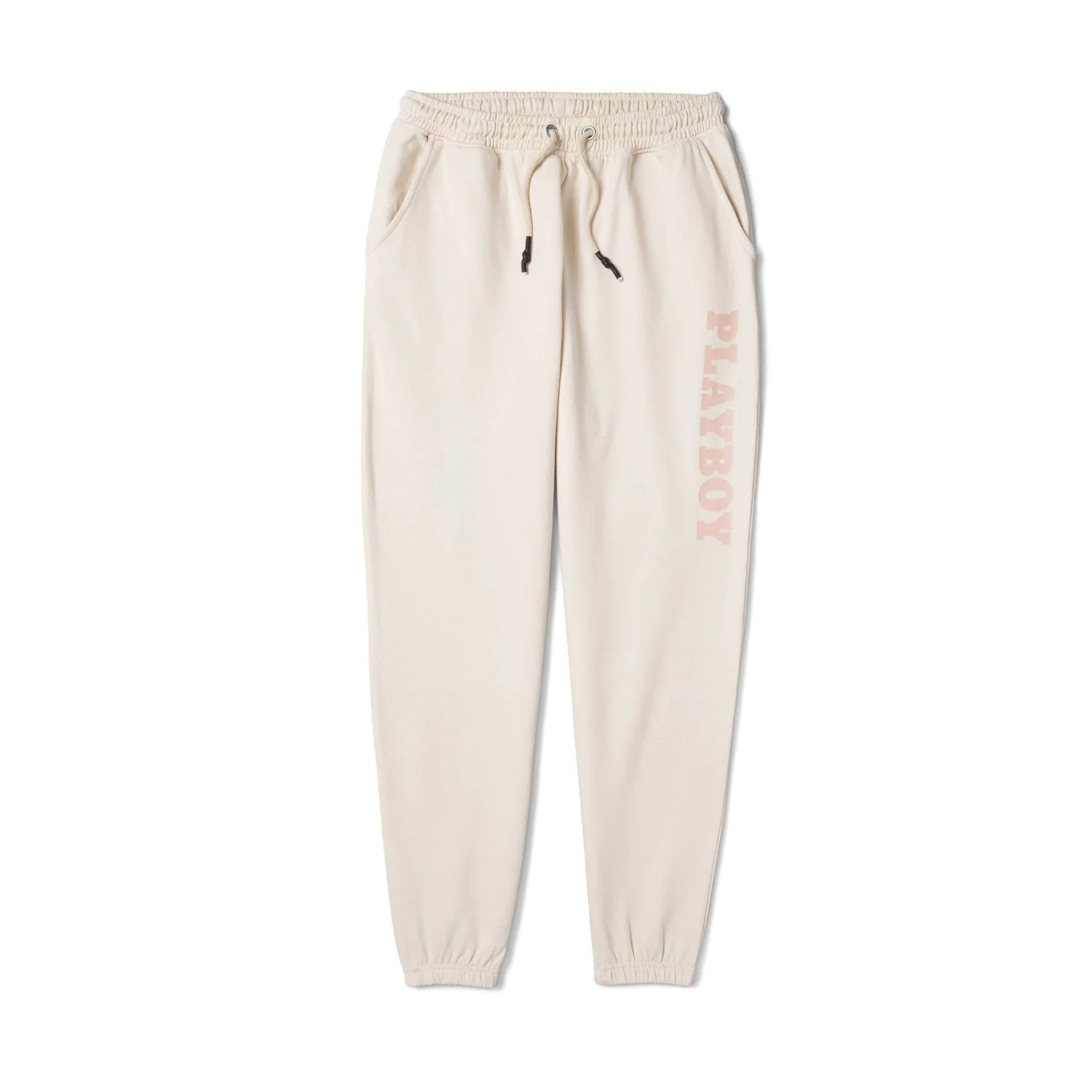 Women's oversized beige joggers with drawstring waist and pink PLAYBOY text on leg
