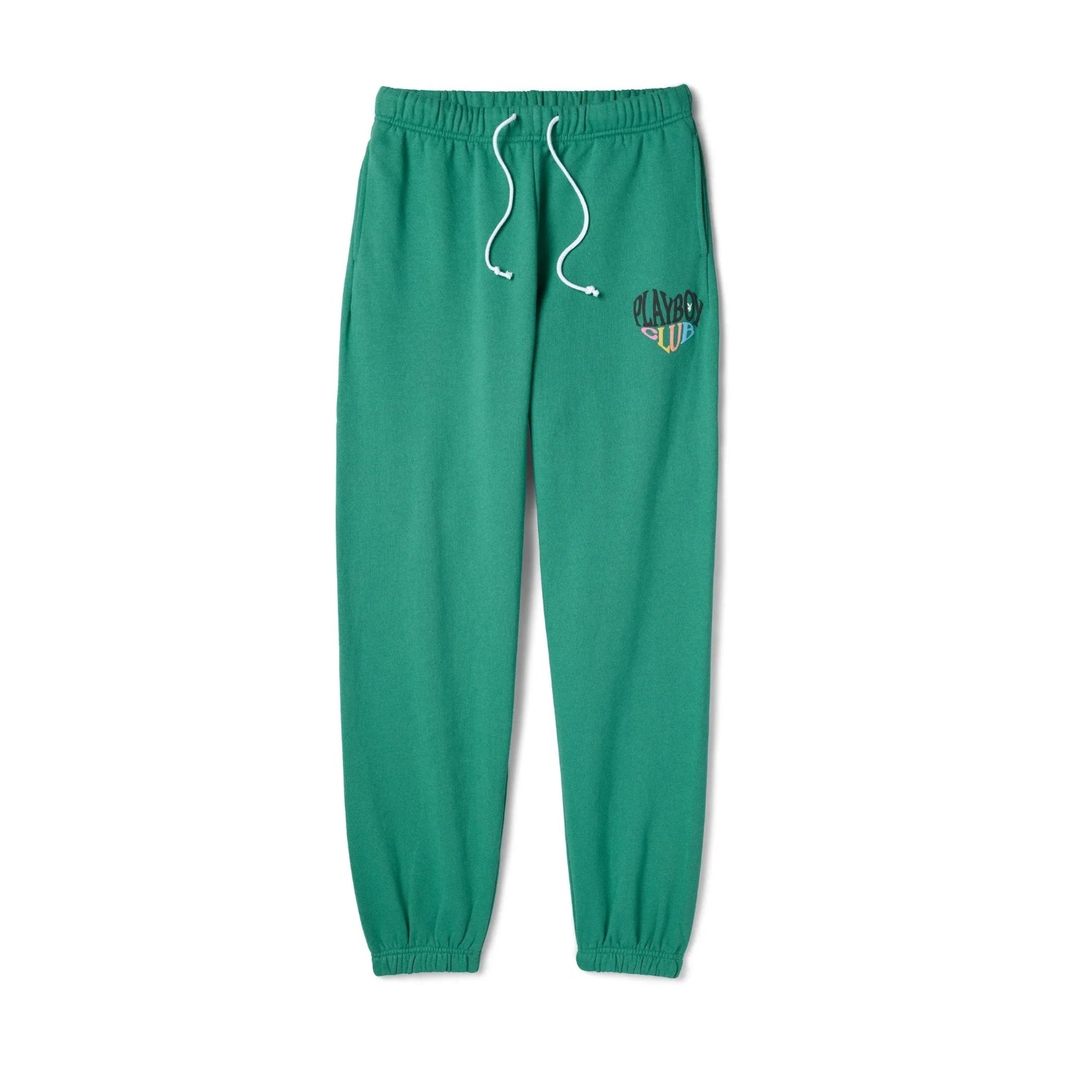 Green women's drawstring sweatpants with 'Playboy Club' logo on hip, elastic cuffs