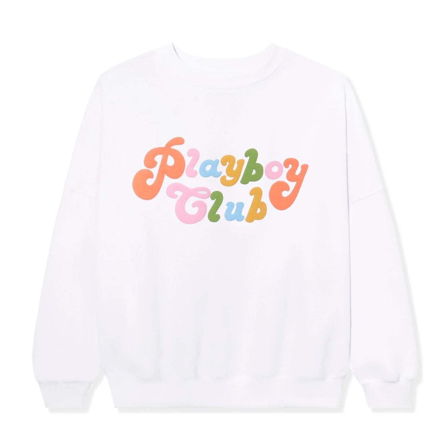 White crewneck sweatshirt with colorful 'Playboy Club' text in retro rainbow letters