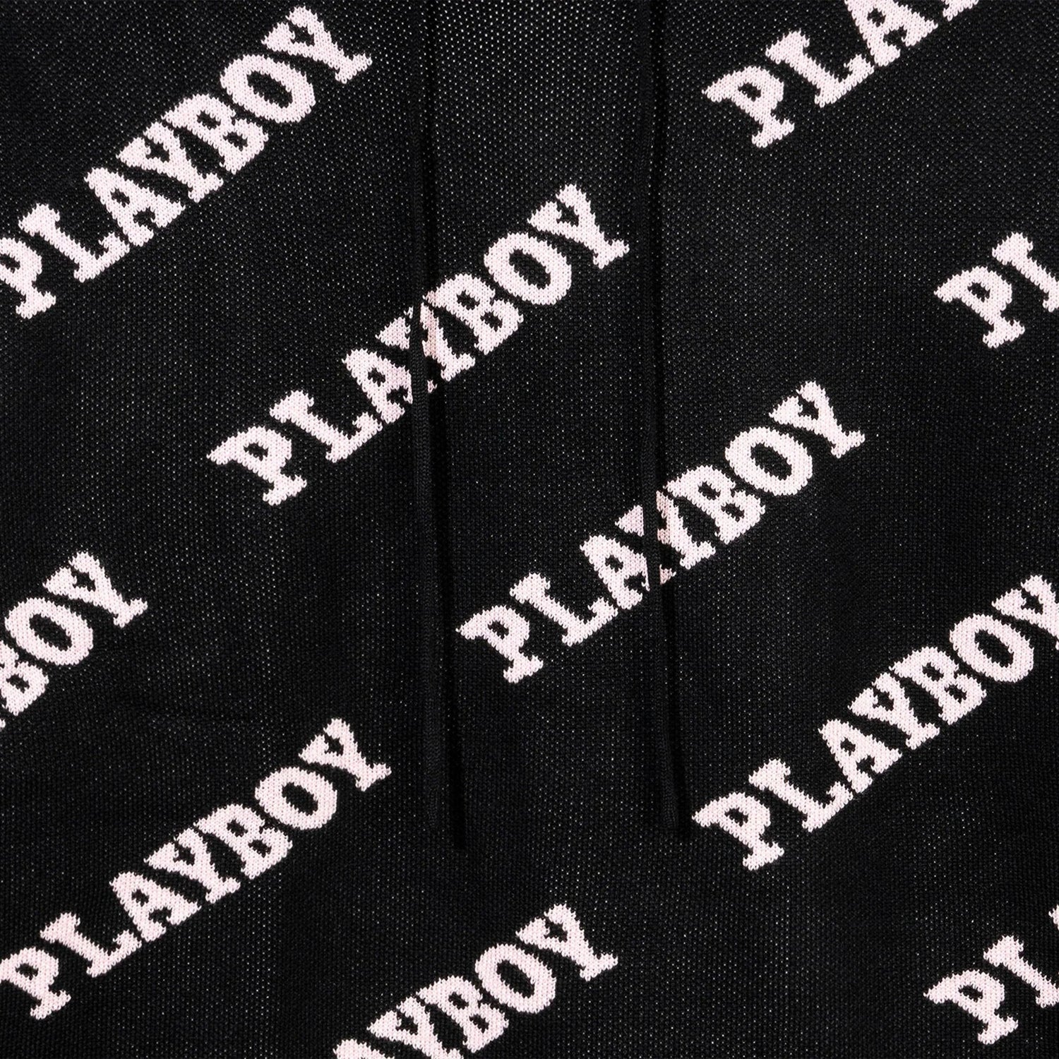 Black knit hoodie with repeating white 'PLAYBOY' logo pattern, close-up view