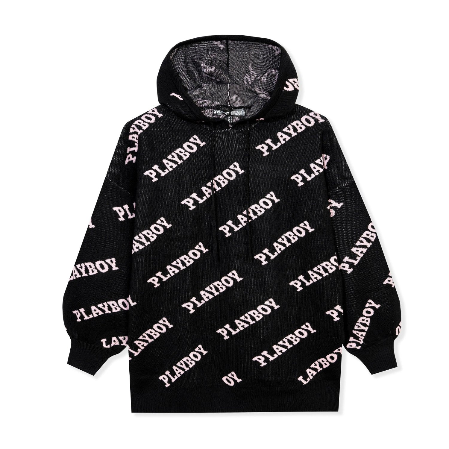 Black women's hoodie with pink intarsia knit logo pattern, long sleeves, and drawstring hood