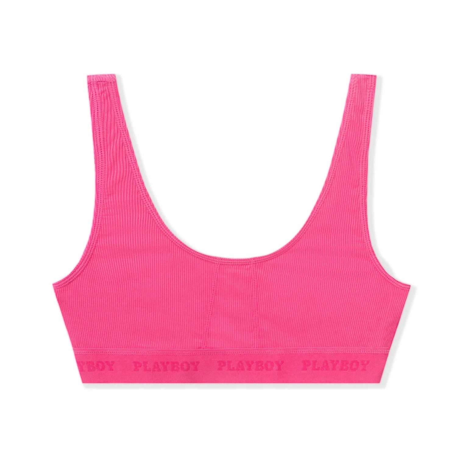 Pink ribbed women's sports bra with PLAYBOY logo on the elastic band, front view