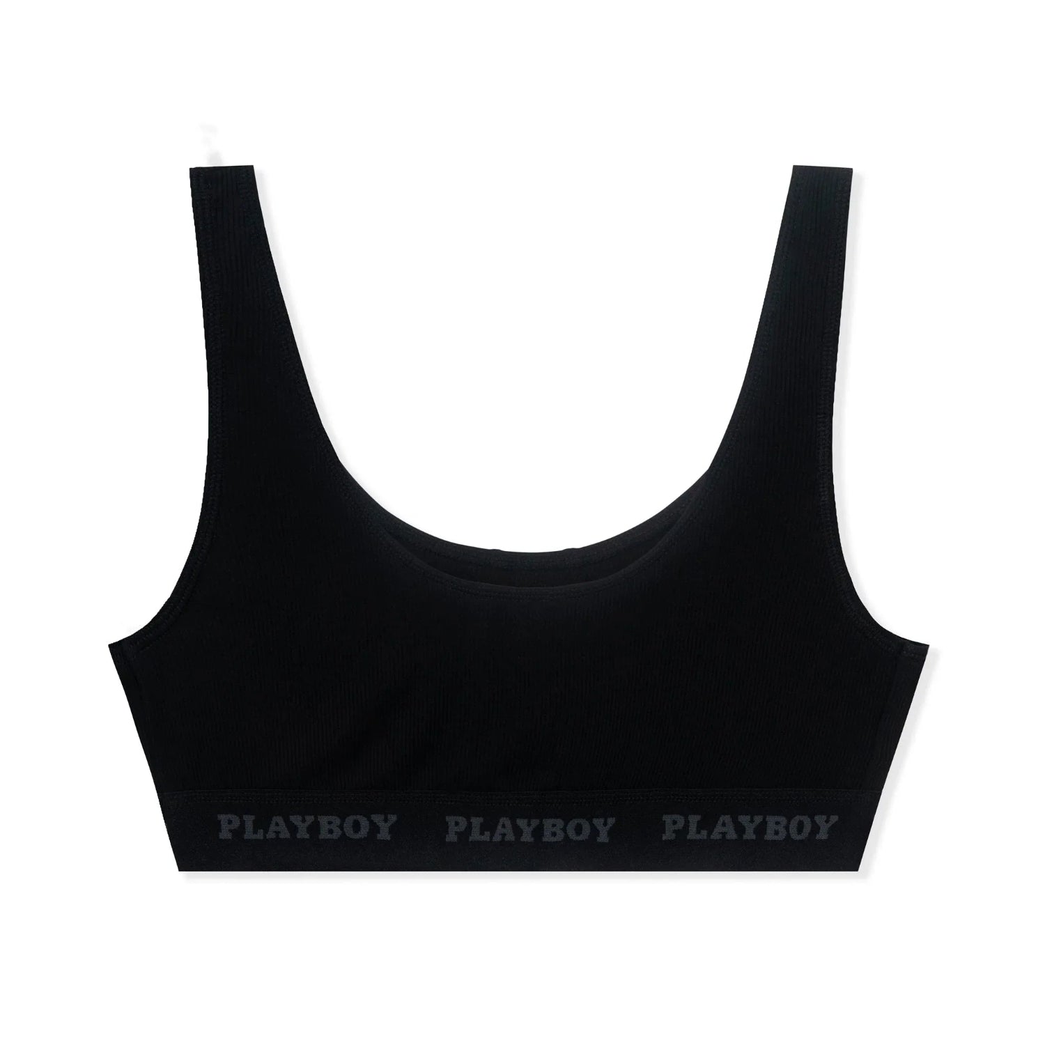 Black women's sports bra with wide straps and PLAYBOY logo on the elastic band