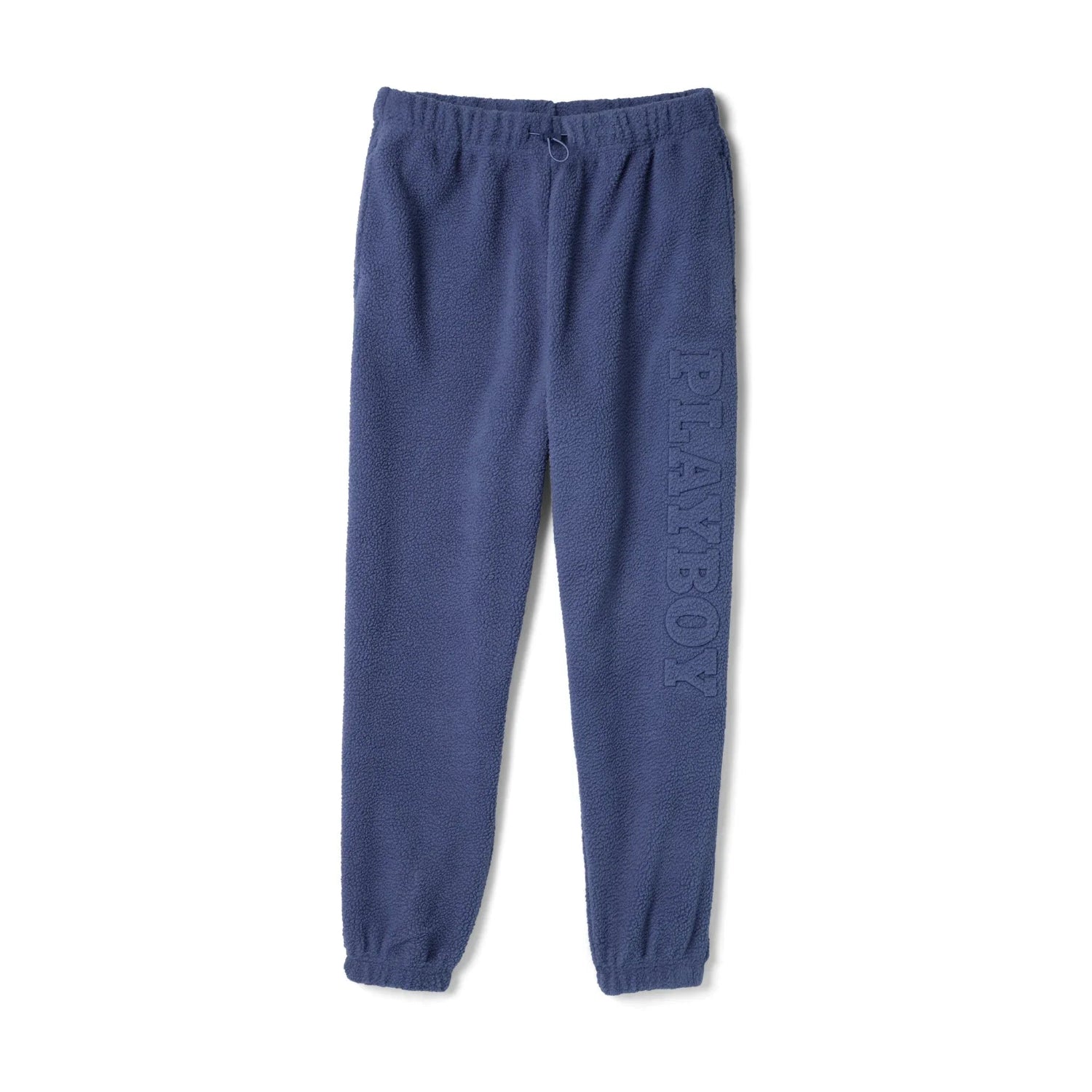 Women's polar fleece sweatpants in blue with PLAYBOY text, elastic waistband and cuffs