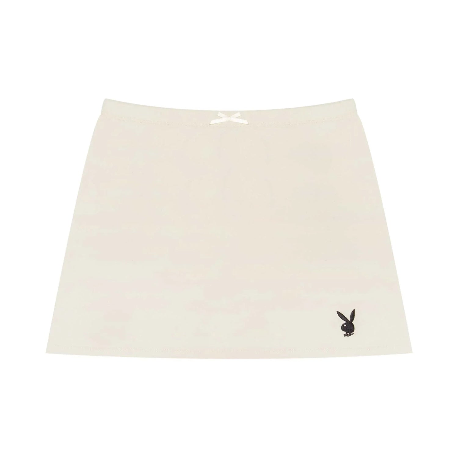Women's ivory mini skirt with black bunny logo and bow, laid flat, stylish casual wear