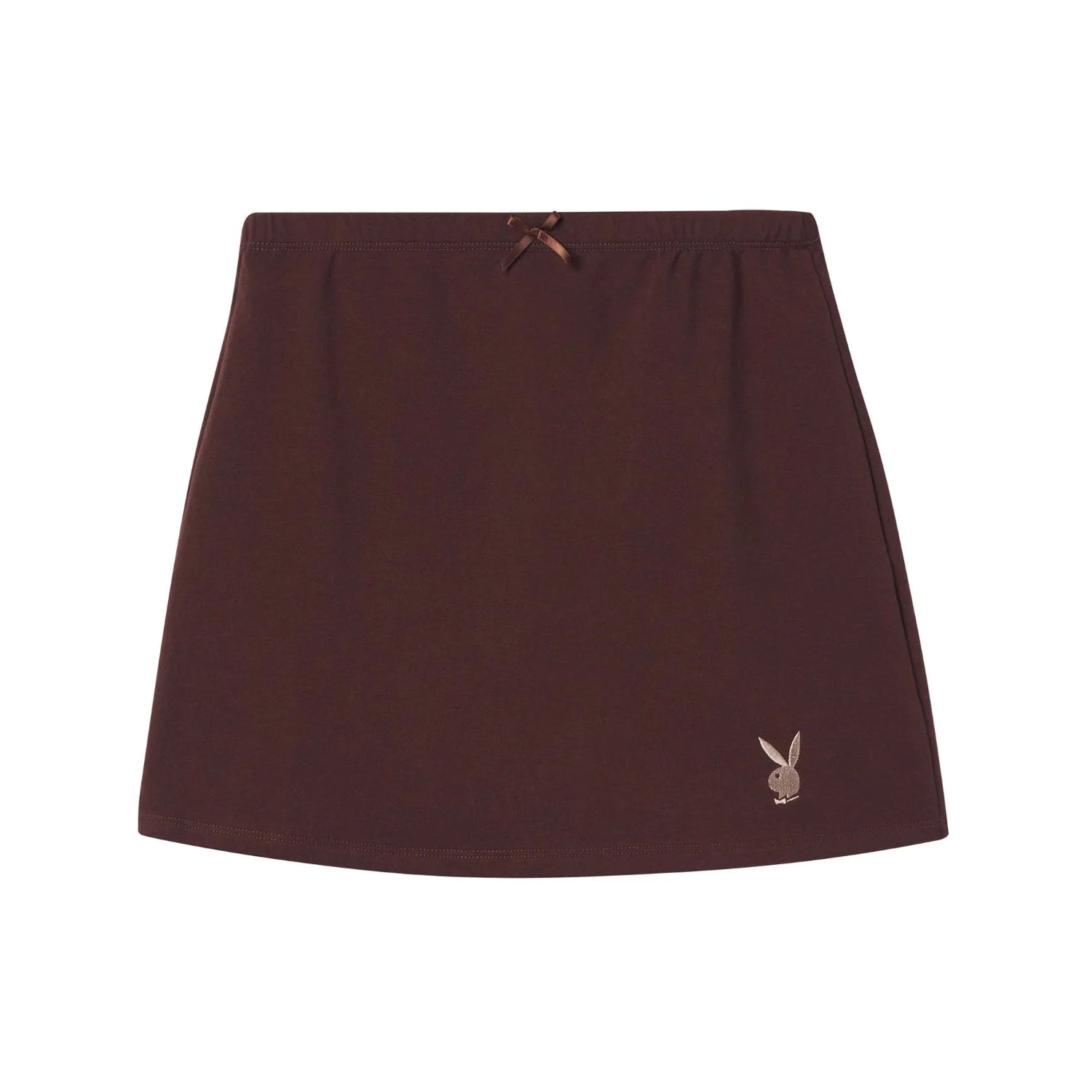 Brown women's mini skirt with small front bow and bunny logo embroidery on hem