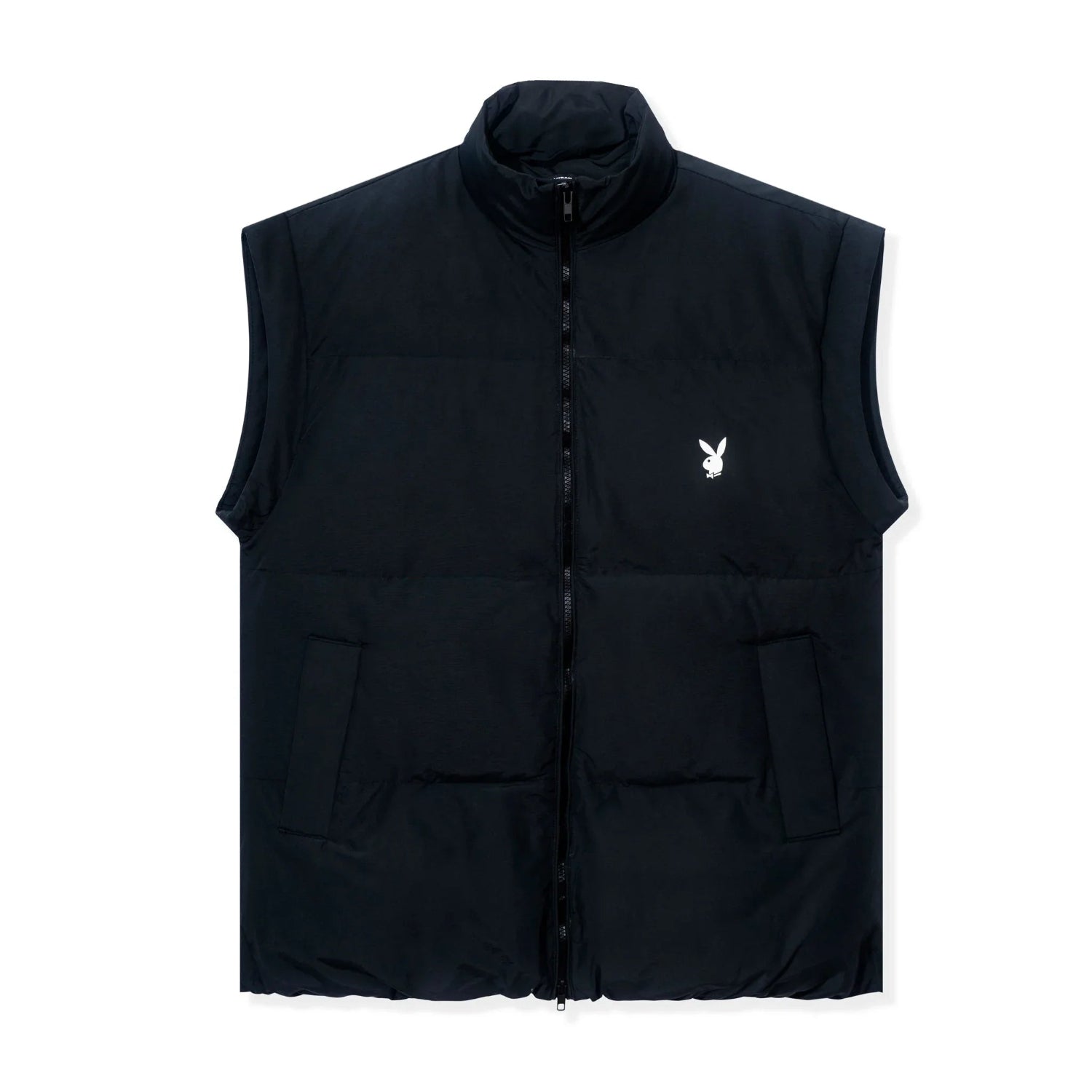Black women's puffer vest with front zipper and white bunny logo on chest.