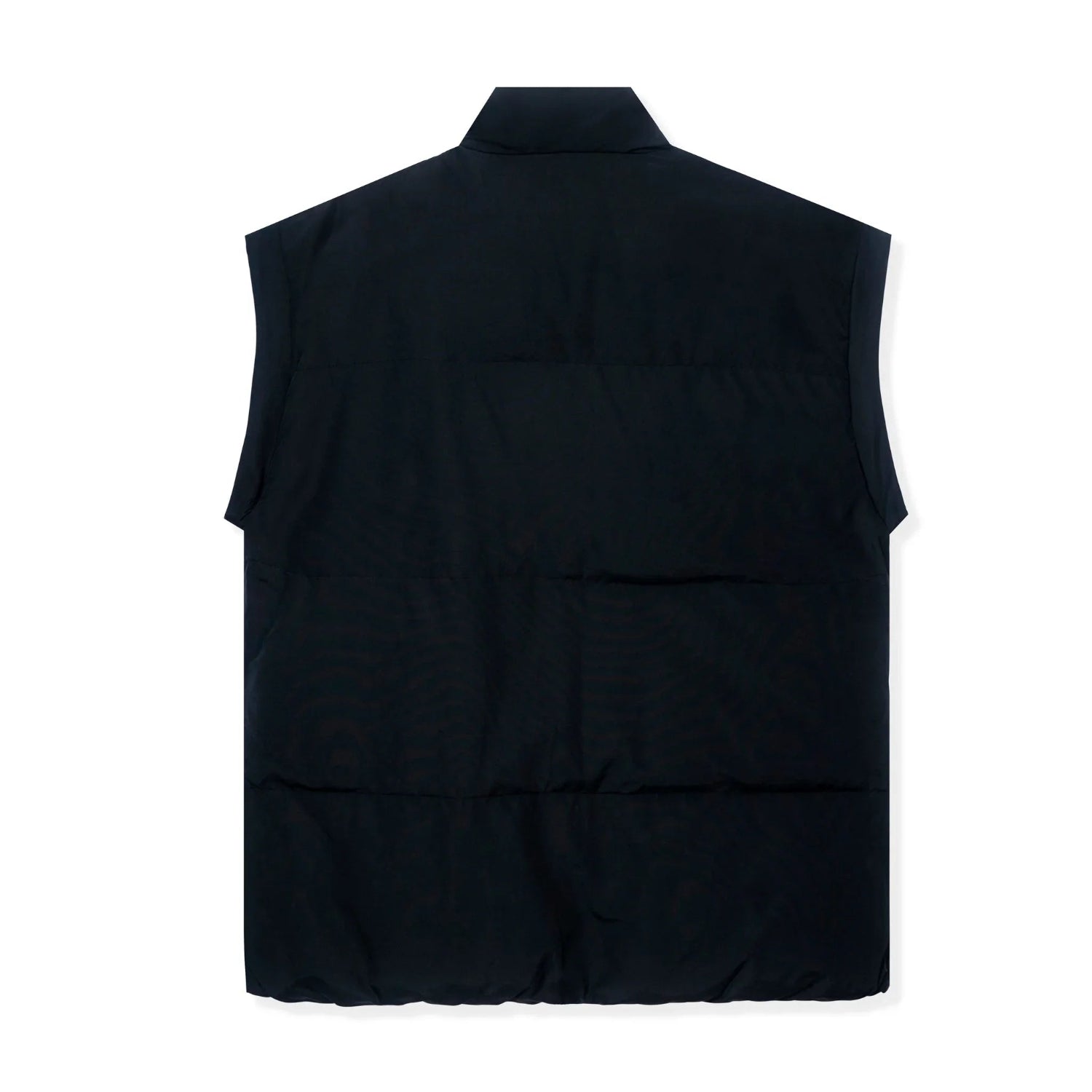 Back view of black women's puffer vest with collar, sleeveless outerwear on white background