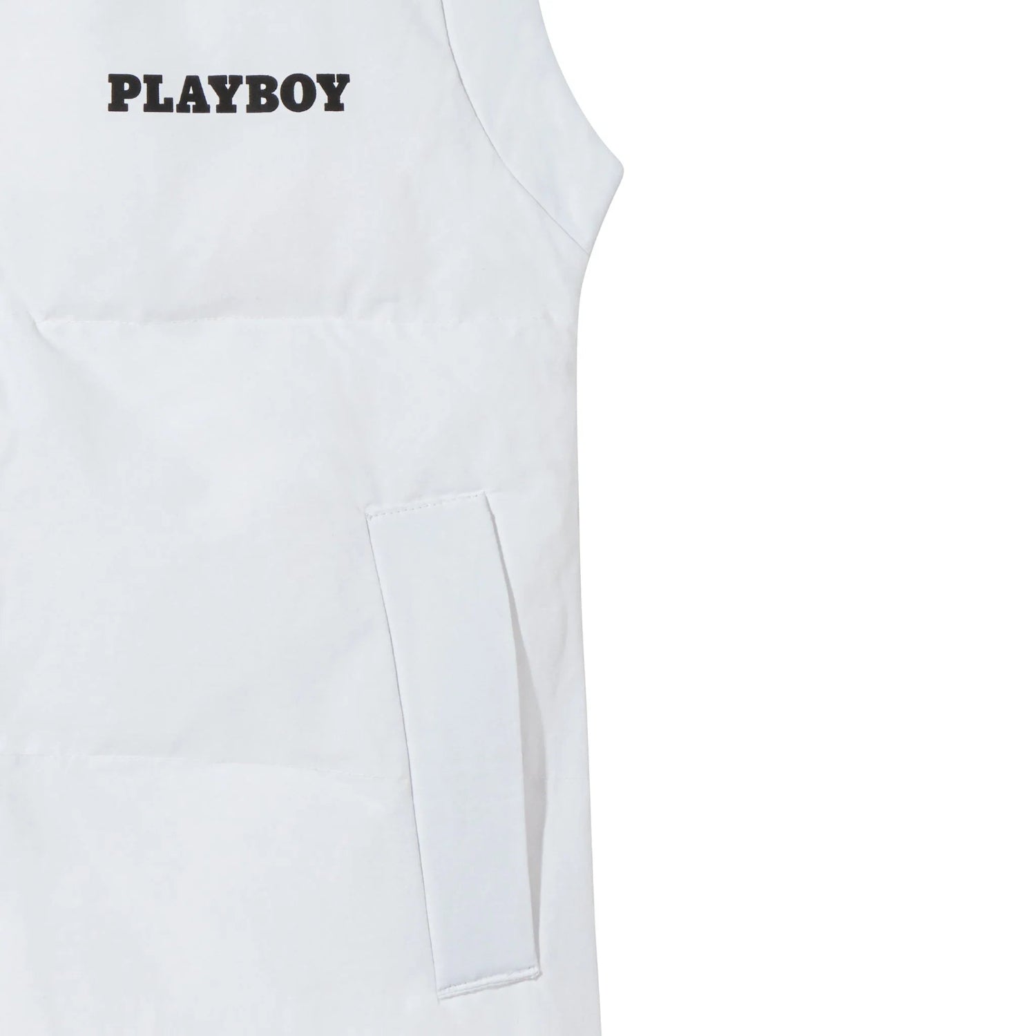 White women's puffer vest with front pocket and bold PLAYBOY text on the chest