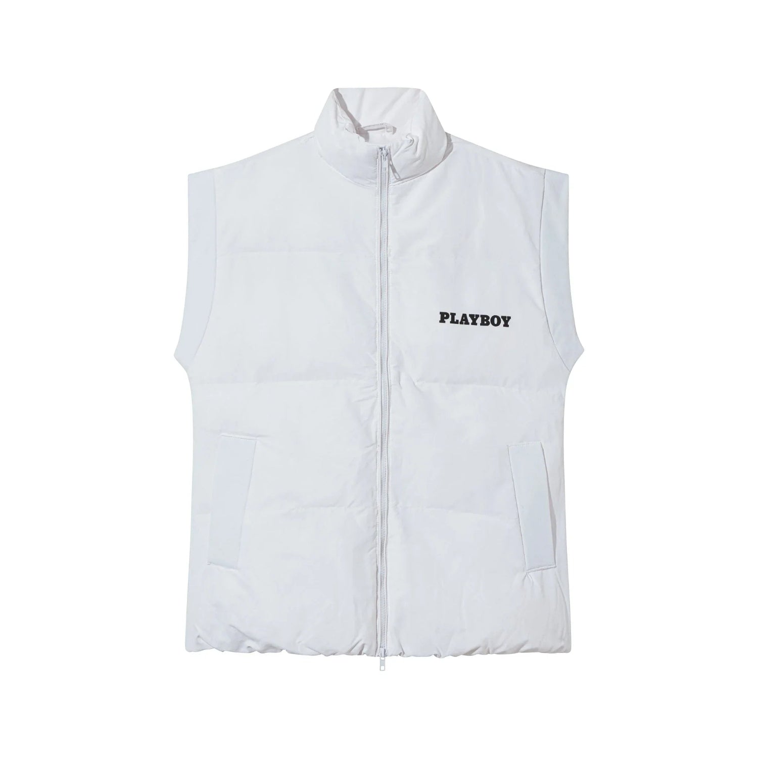 women's white puffer vest with zip front, high collar, and black text on chest
