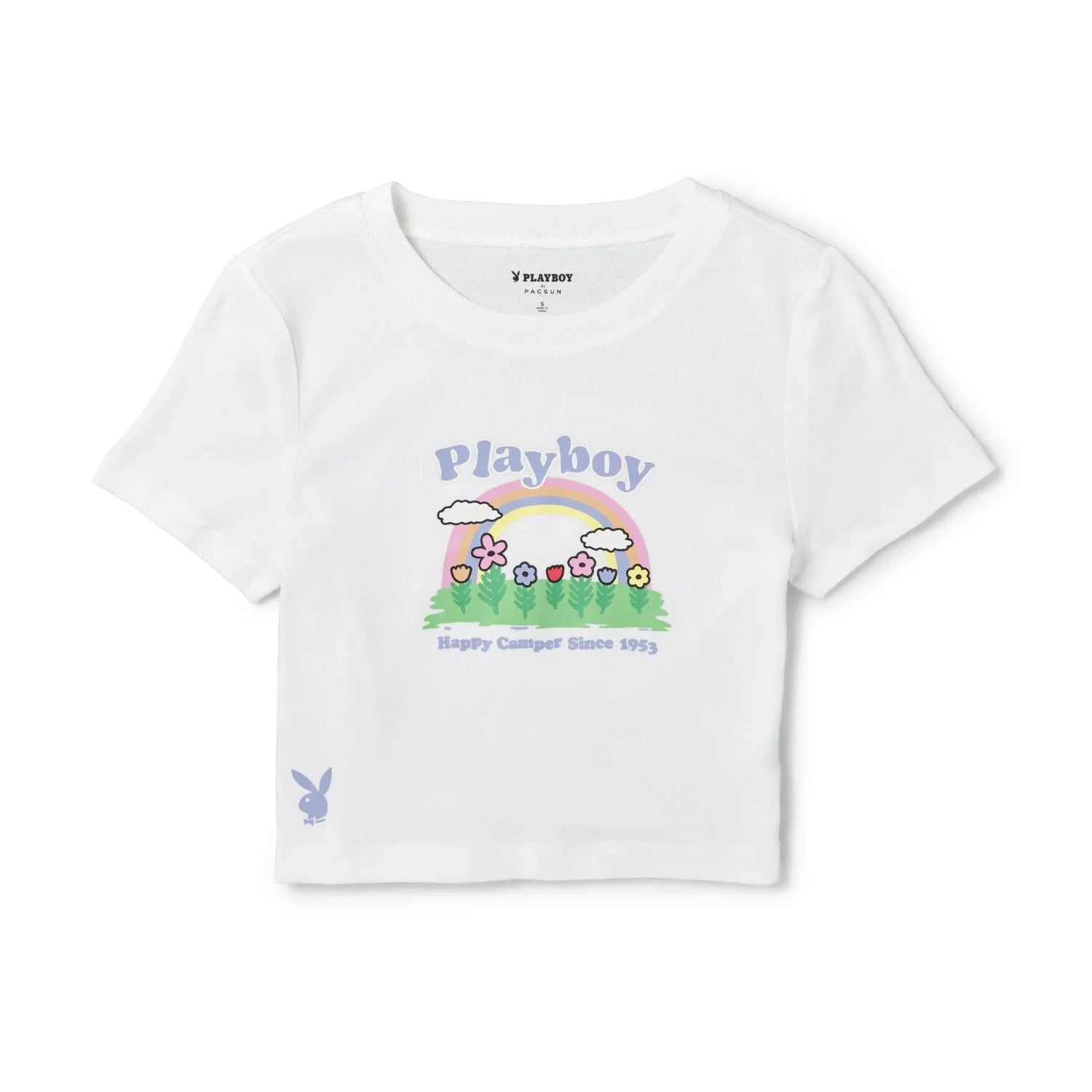White women's crop t-shirt with rainbow, flowers, and 'Playboy' graphic on front.