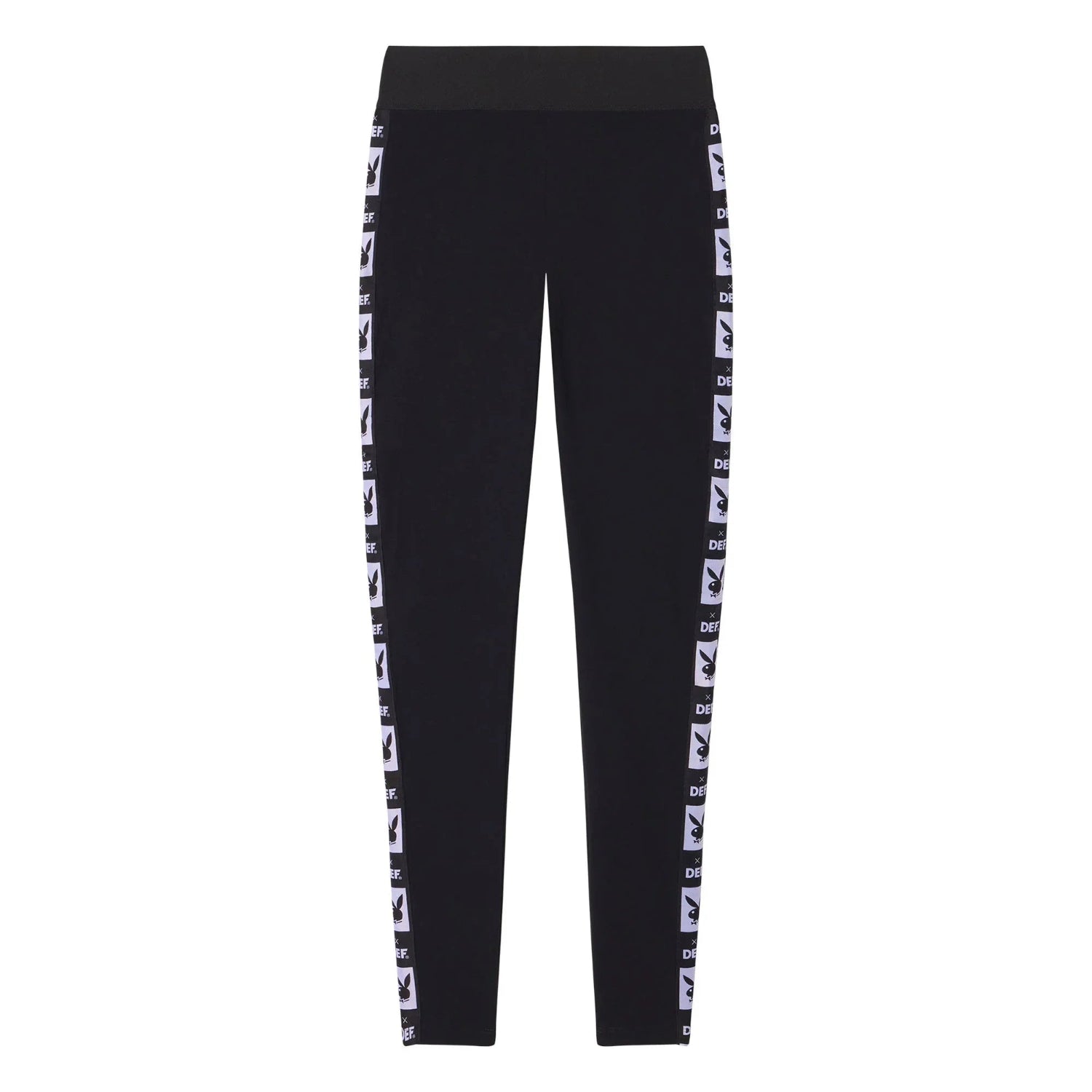Black women's leggings with repeating white logo panels down each leg, flat lay view.