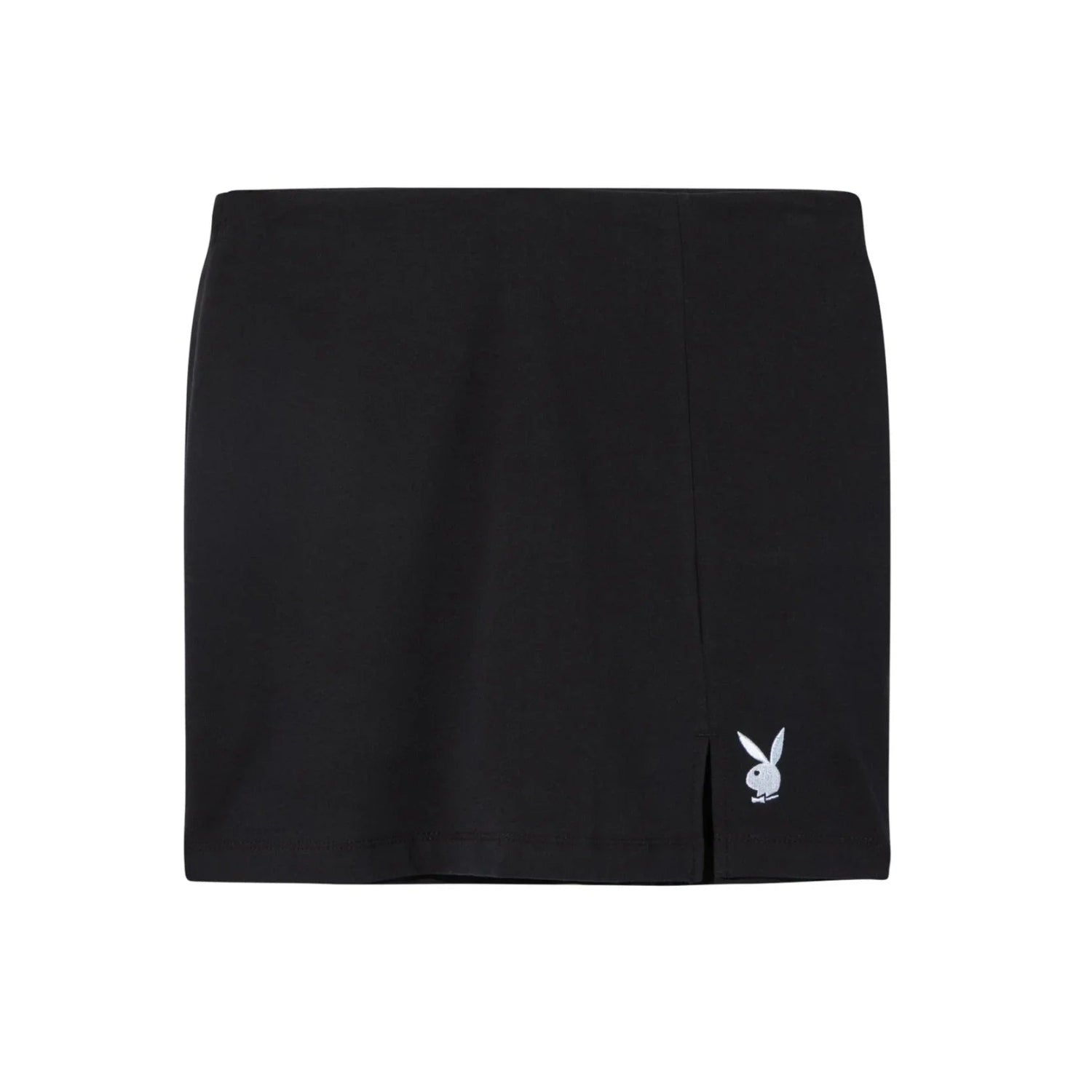 Black women's slit skirt with small white bunny logo and minimalist front design