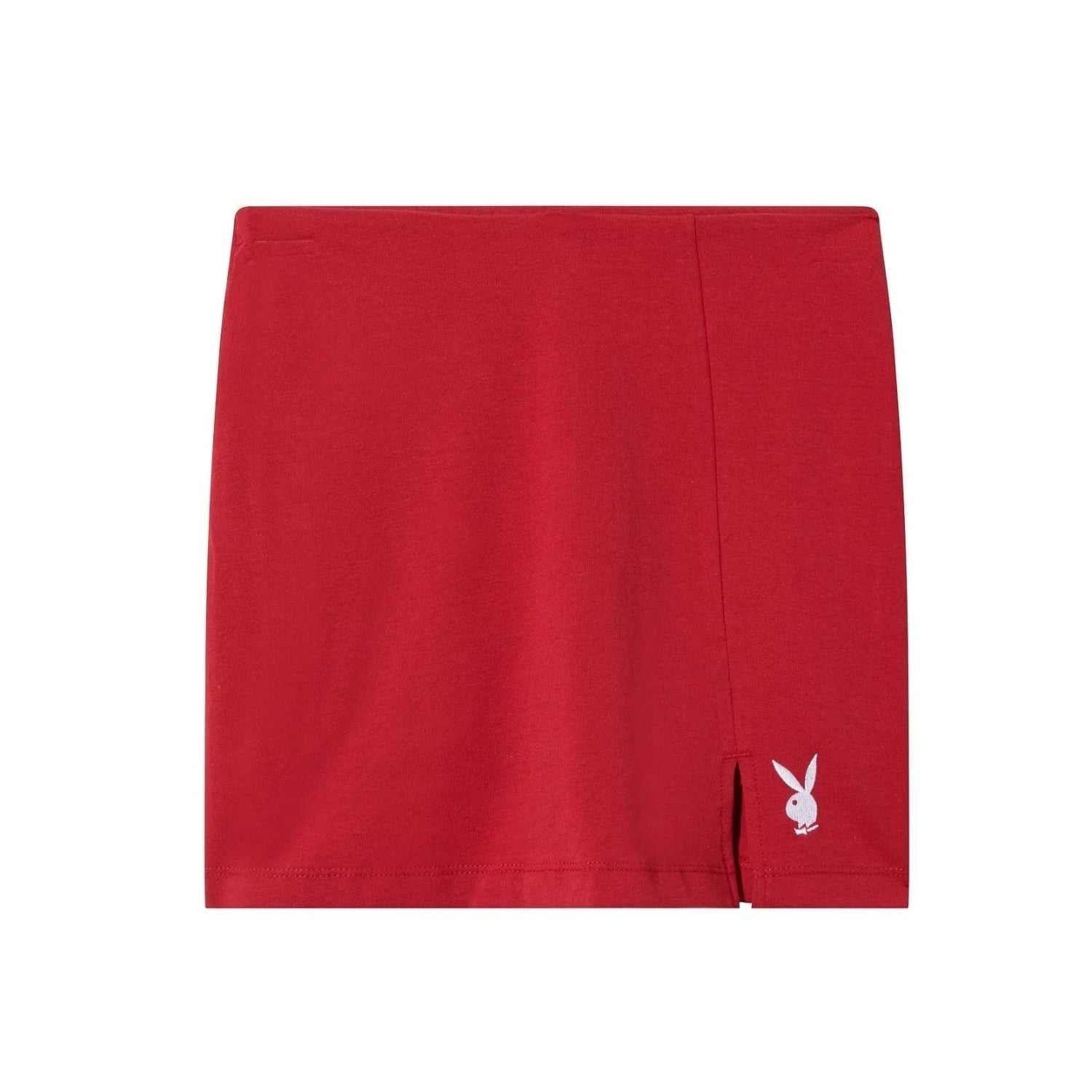 Red women's mini skirt with front slit and white bunny logo on the hem