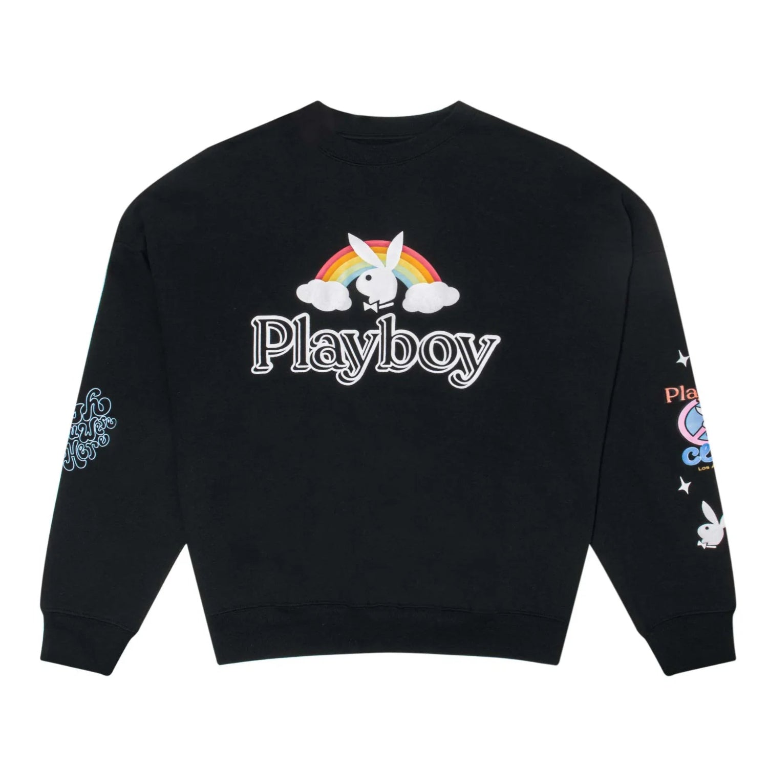 Black oversized crewneck sweatshirt with rainbow, clouds, and bunny graphic on front and sleeves
