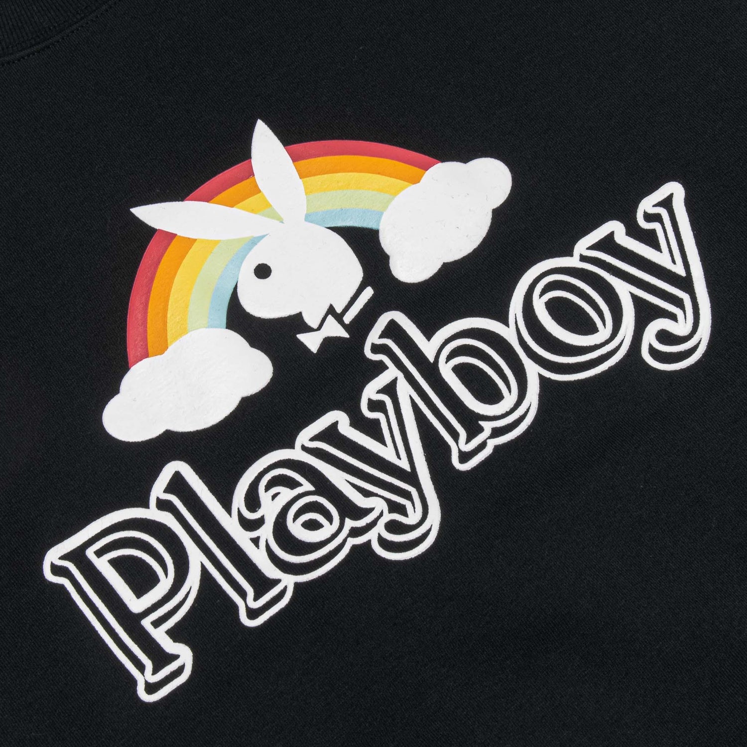 Black oversized crewneck sweatshirt with rainbow, cloud, and rabbit graphic print