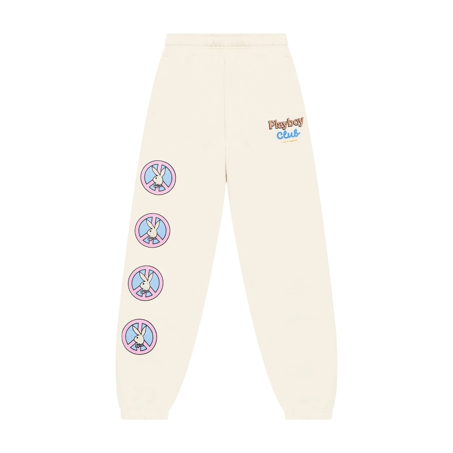 Women's cream sweatpants with colorful bunny graphics and 'Playboy Club' text on front