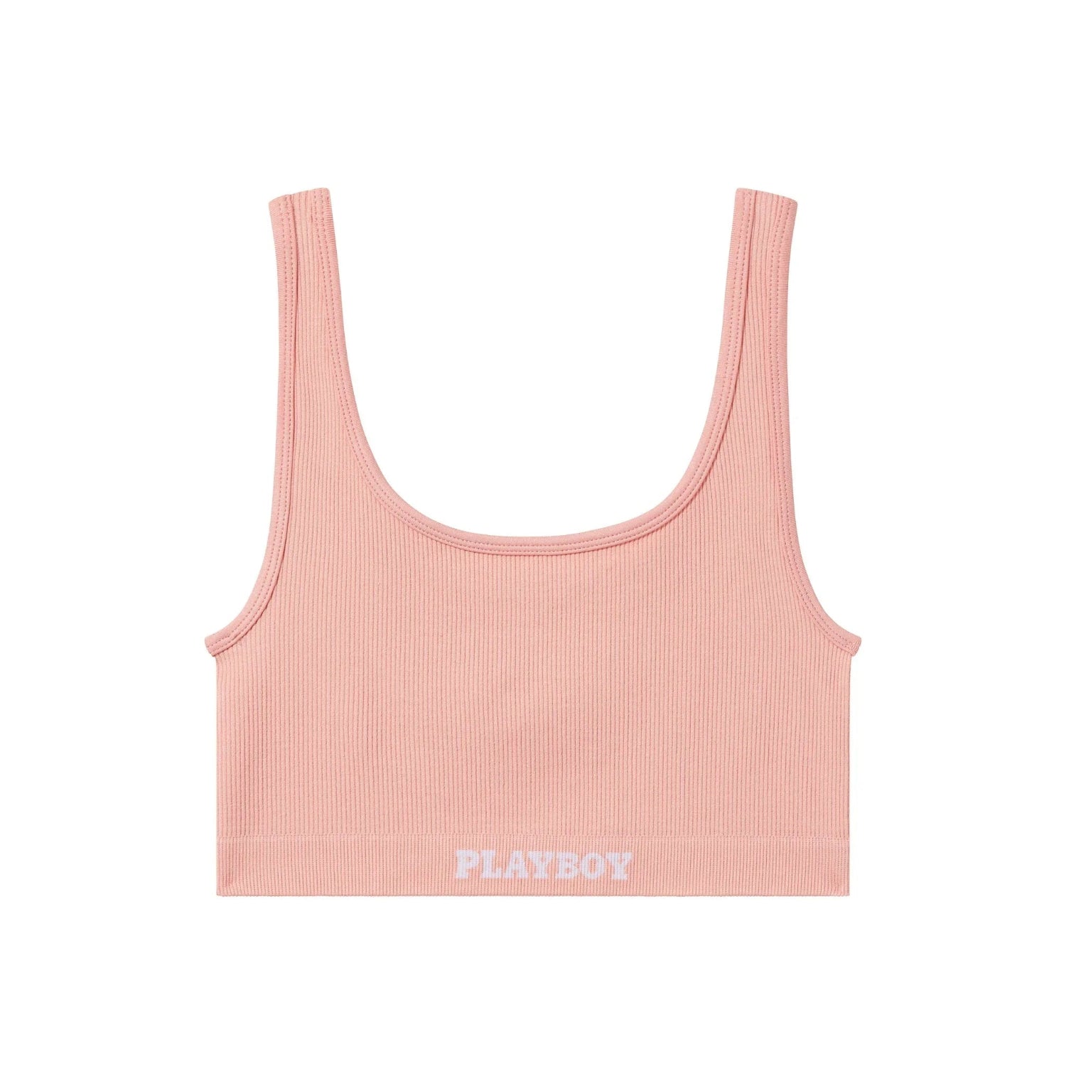 Pink ribbed women's sports bra with scoop neckline and white PLAYBOY logo on waistband