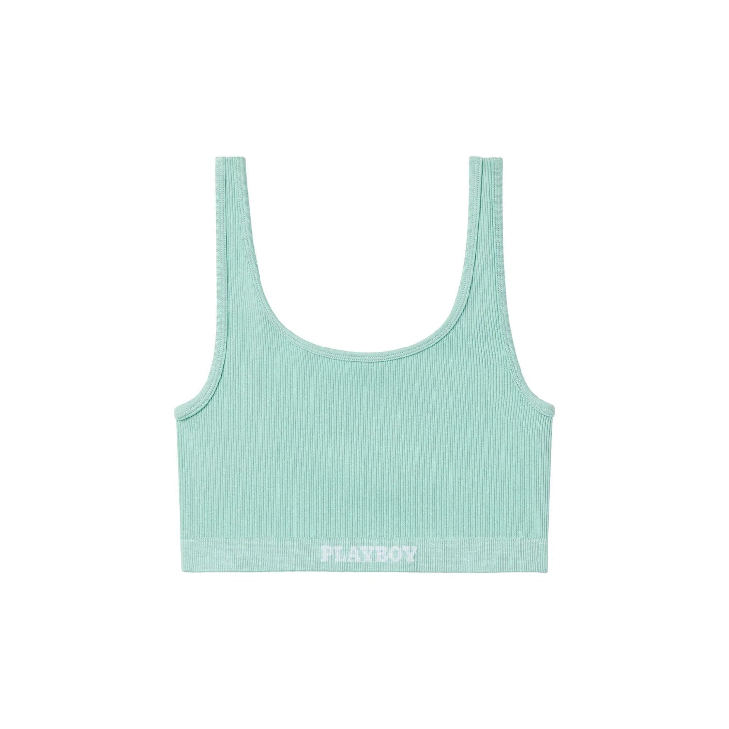 Light green ribbed women's sports bra with scoop neck and PLAYBOY text on waistband.