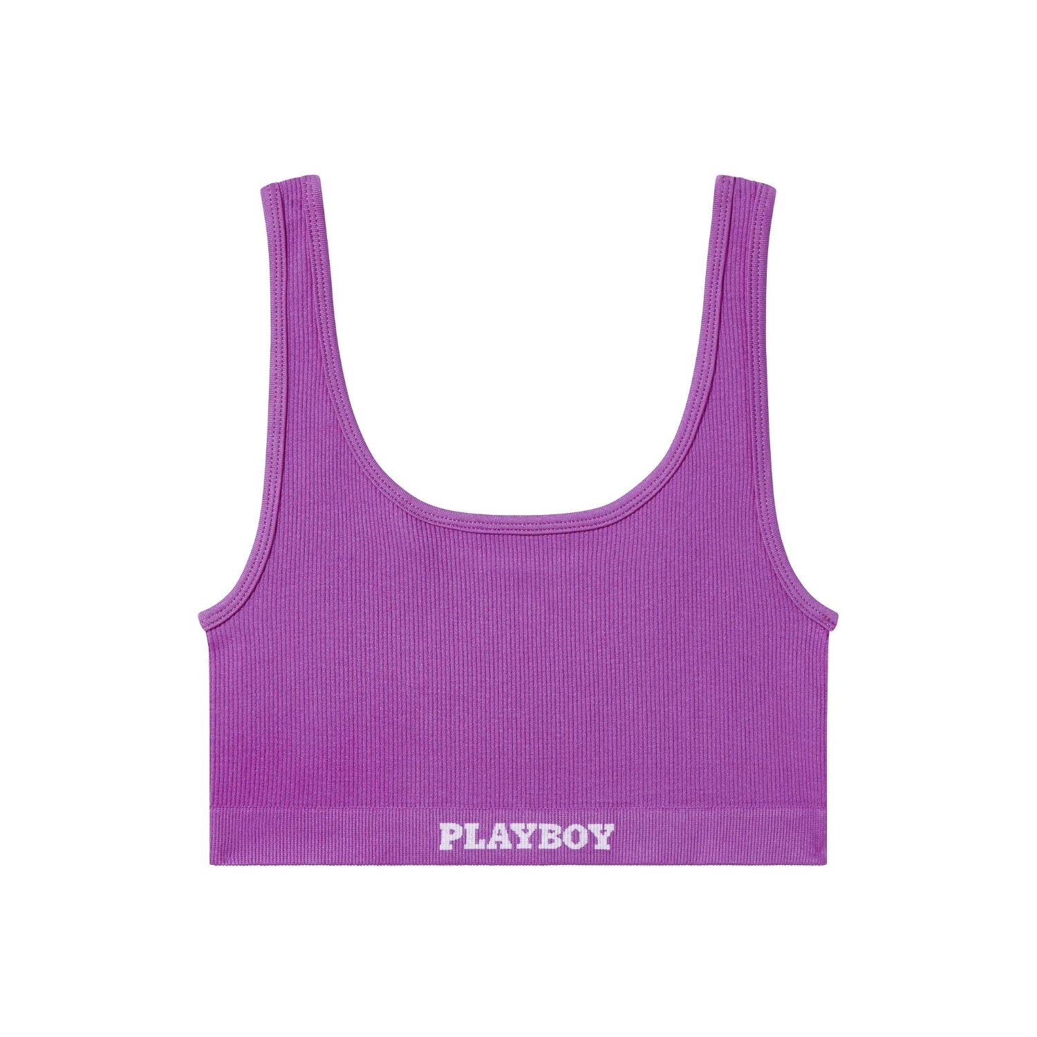Purple ribbed women's sports bra with scoop neckline and white PLAYBOY logo on band
