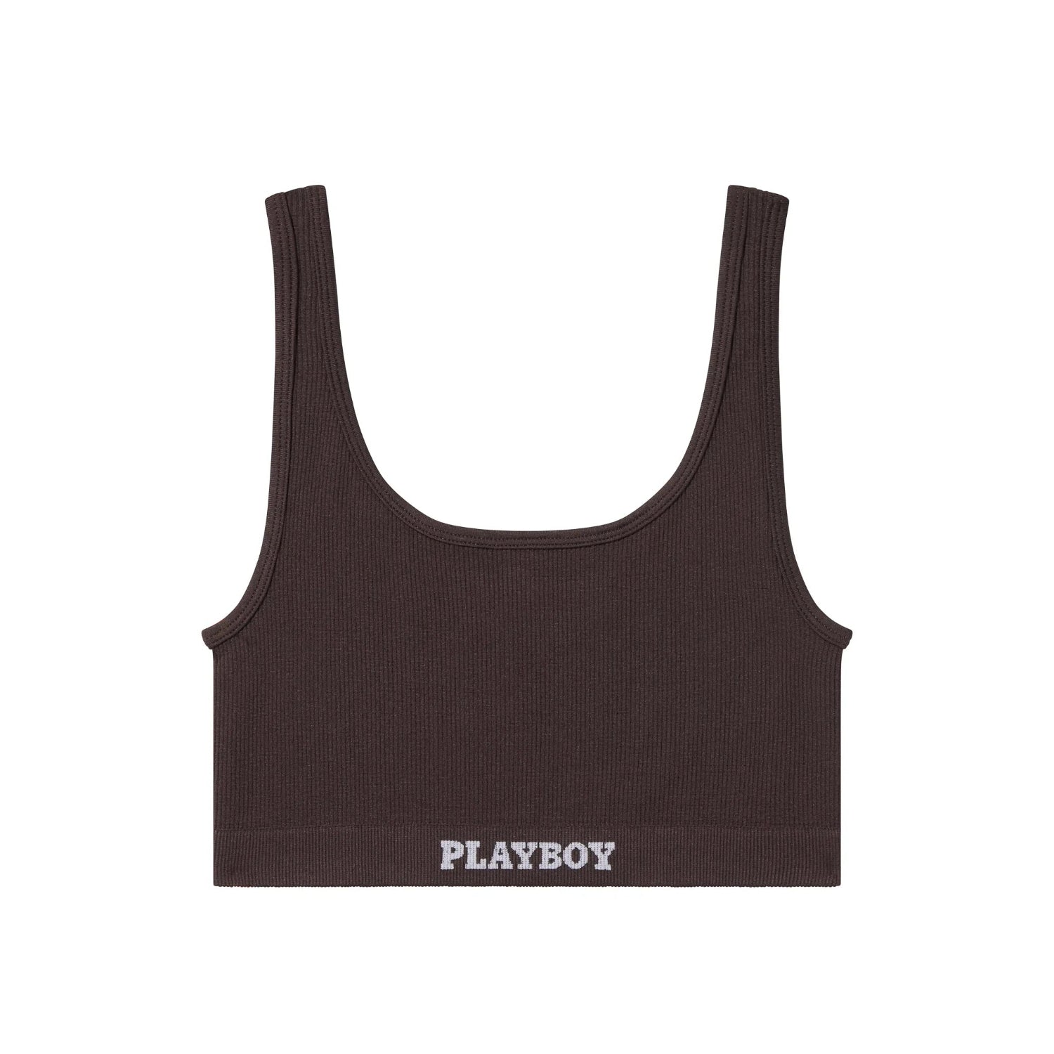 Brown ribbed women's sports bra with white PLAYBOY text on elastic band, front view