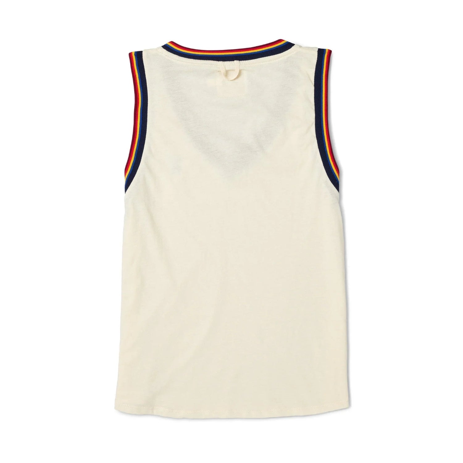 Back of a women's cream sleeveless tank top with striped trim on collar and armholes