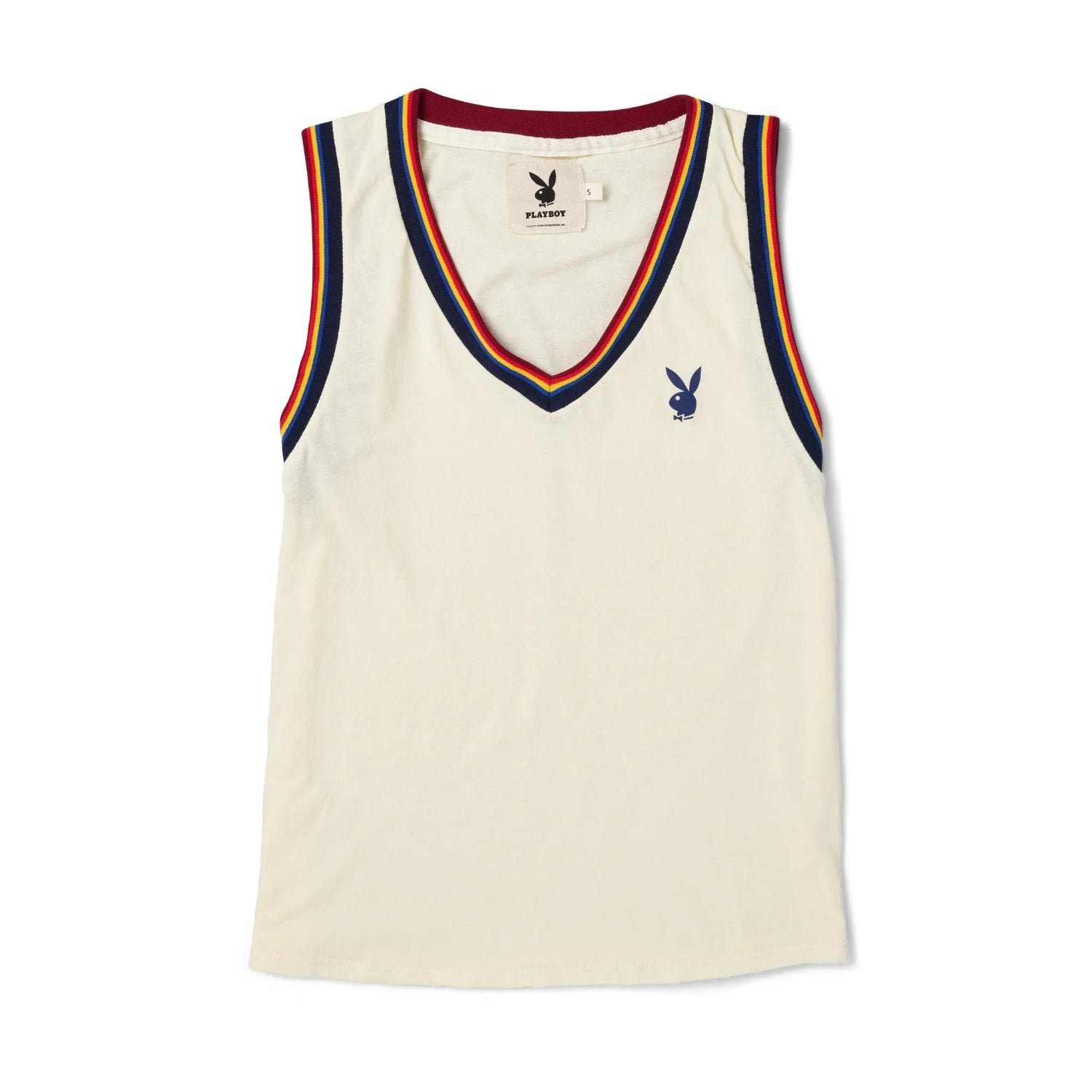 Women's striped v-neck tank top with multicolored trim and bunny logo on cream fabric.