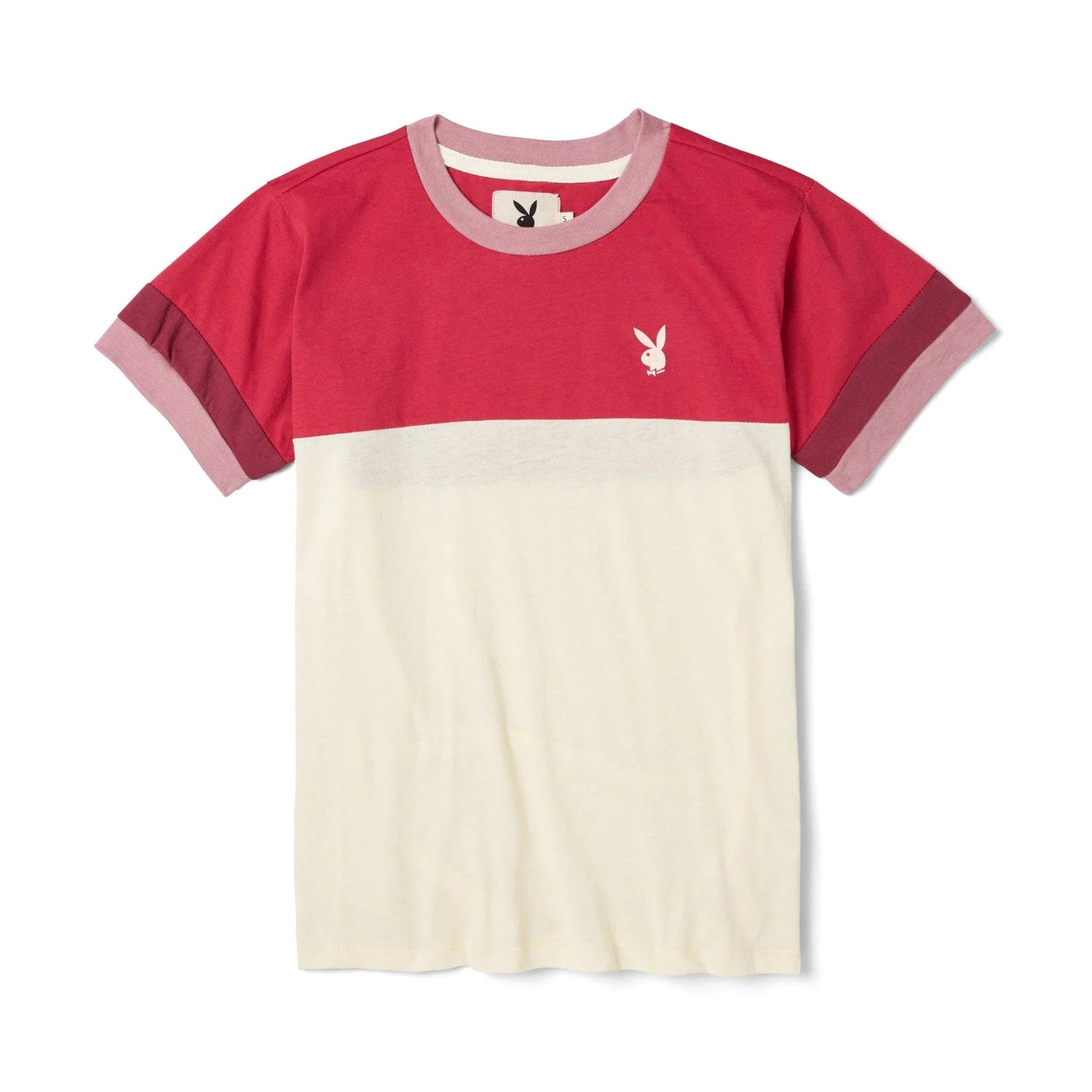Women's colorblock graphic tee in red and cream with short sleeves and small bunny logo.